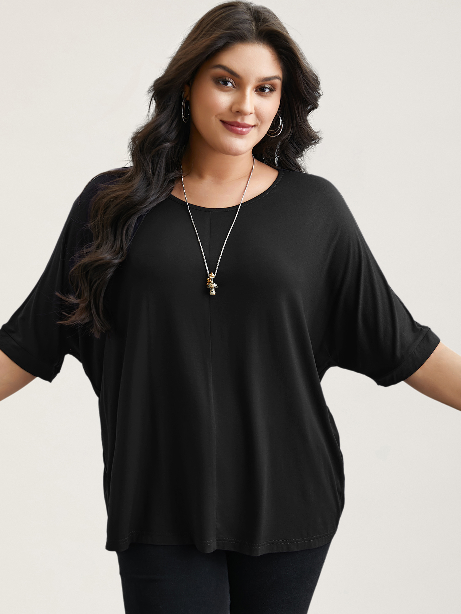 BloomChic Plus Size Supersoft Round Neck Plain T-Shirt - Women's Black Solid Round Neck Comfort Midsection Fit Long Sleeve Playful T-shirts 14/M