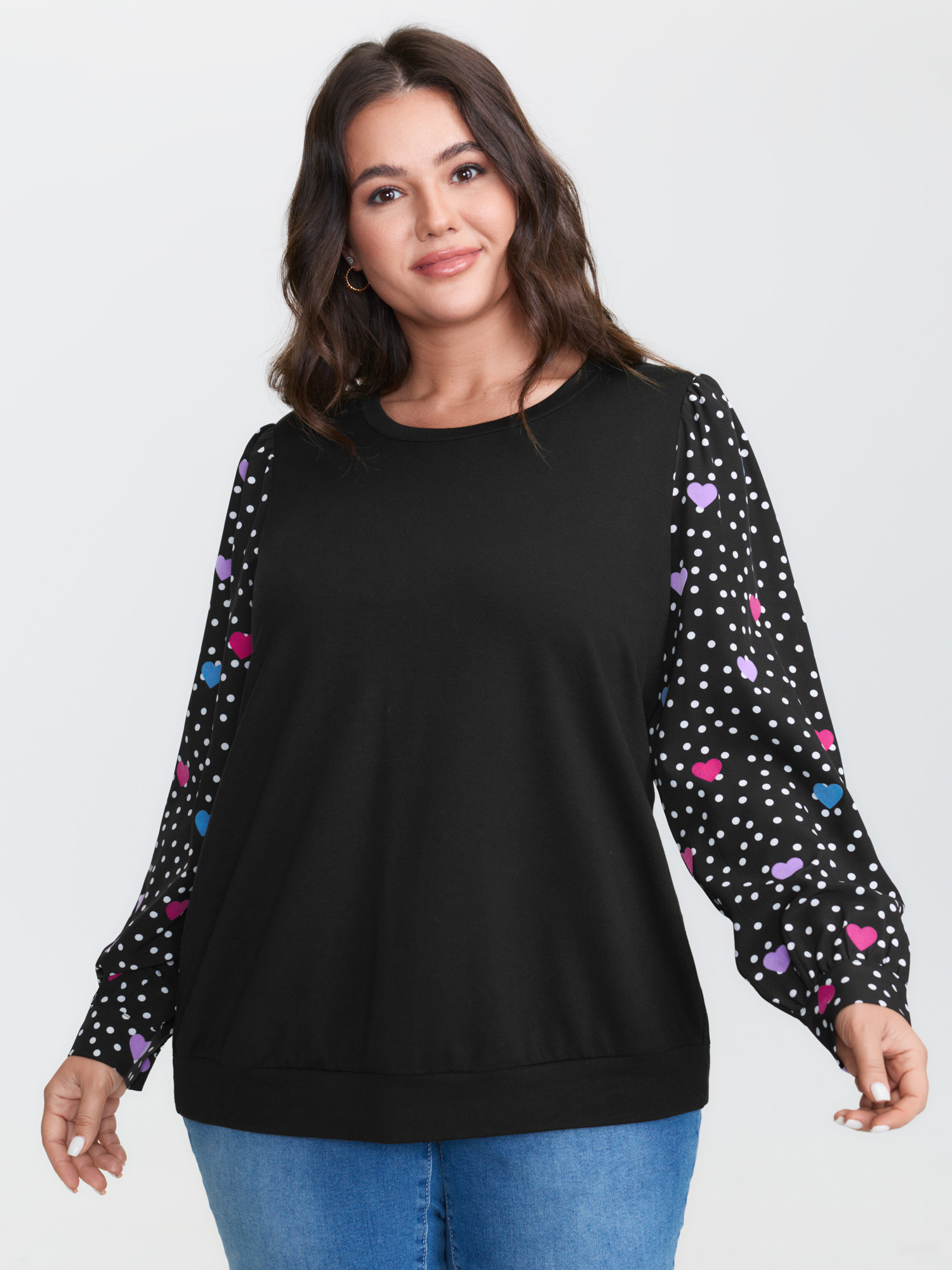 BloomChic Plus Size Colorful Heart Sleeve Round Neck Sweatshirt - Women's Multicolor Star & Moon Round Neck Comfort Midsection Fit Long Sleeve Leisure Sweatshirts 30/4X