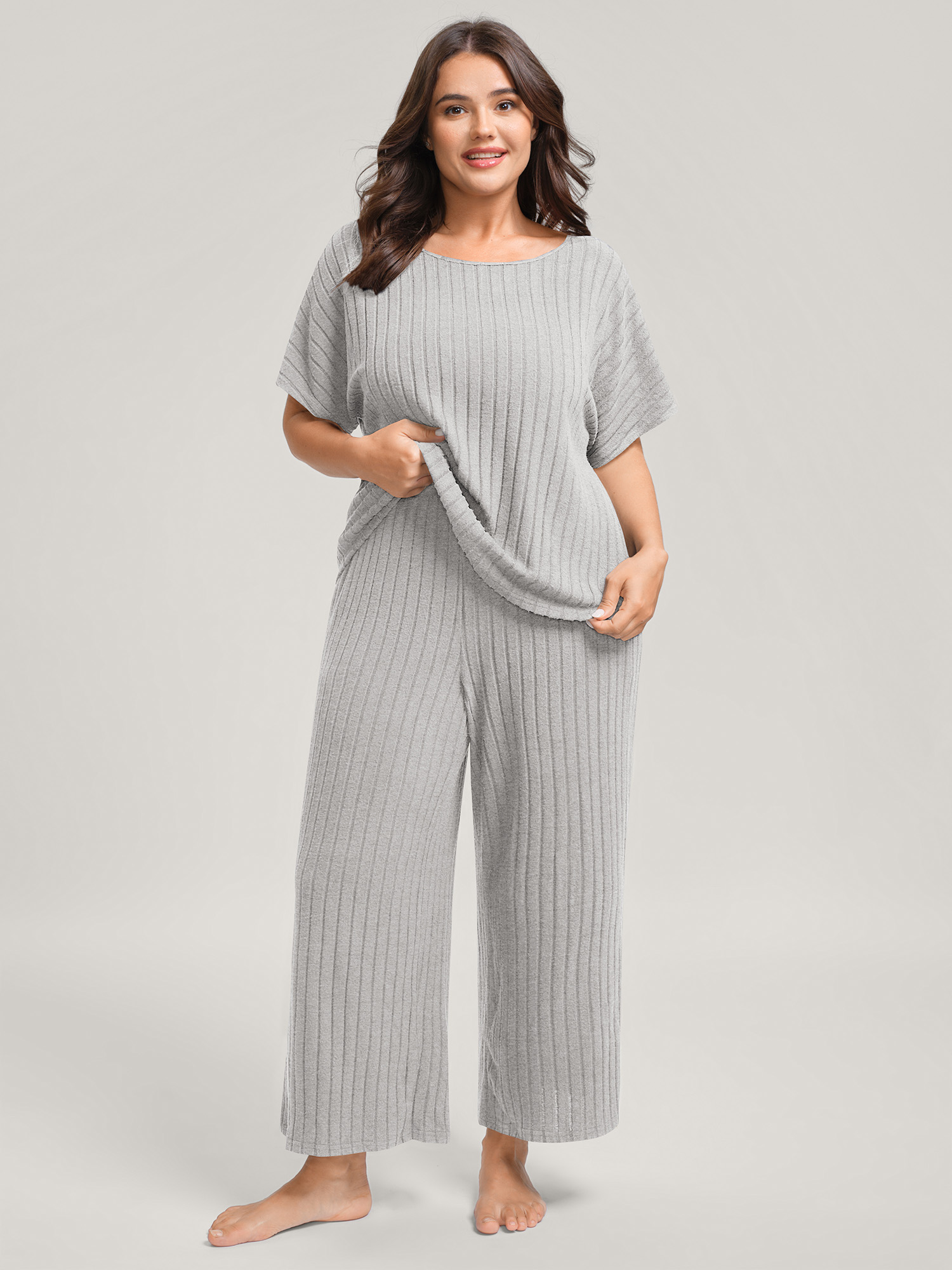 BloomChic Women's Plus Size Stretchy Pit Strip Solid Loungewear Set LightGray Solid Short sleeve Non 22-24/3X-image-48401045258410