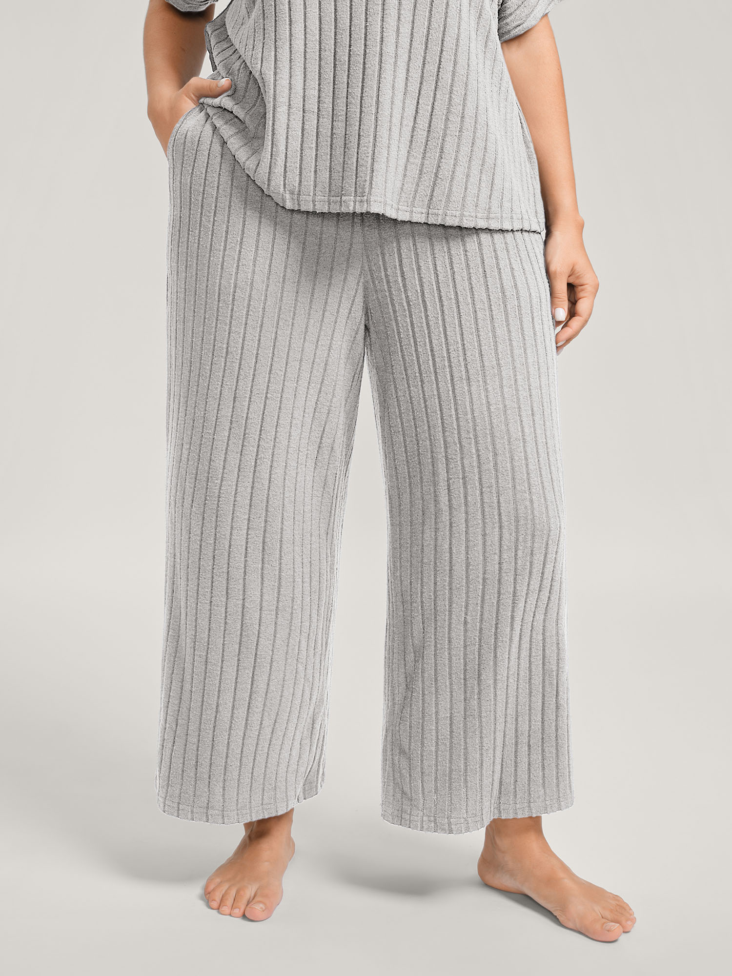 Side view of BloomChic Women's Plus Size Stretchy Pit Strip Solid Loungewear Set LightGray Solid Short sleeve Non 12/L