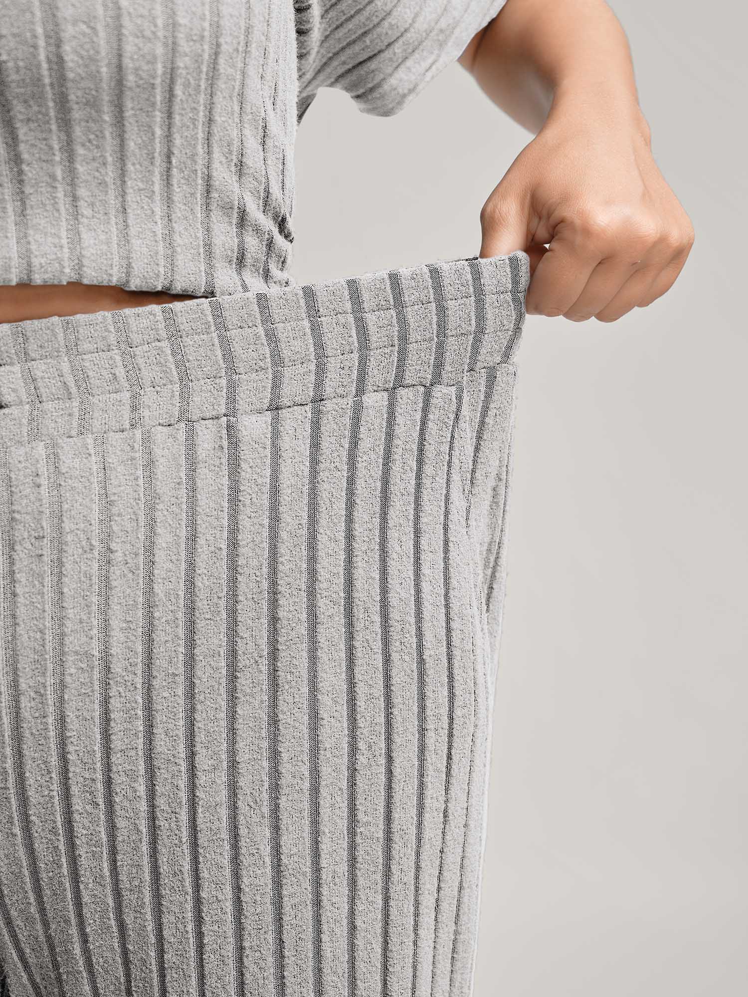 Side view of BloomChic Women's Plus Size Stretchy Pit Strip Solid Loungewear Set LightGray Solid Short sleeve Non 12/L