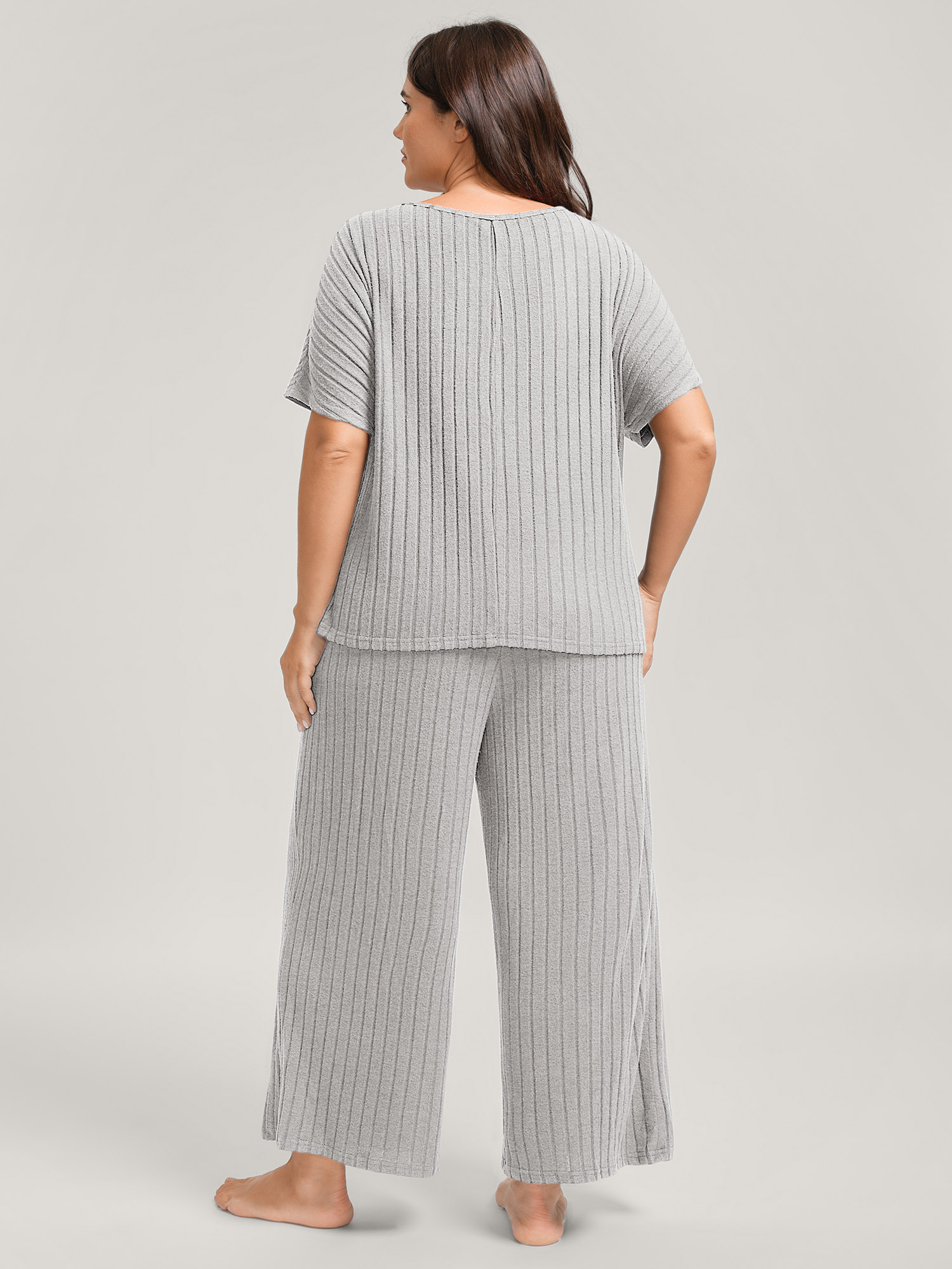 Side view of BloomChic Women's Plus Size Stretchy Pit Strip Solid Loungewear Set LightGray Solid Short sleeve Non 12/L