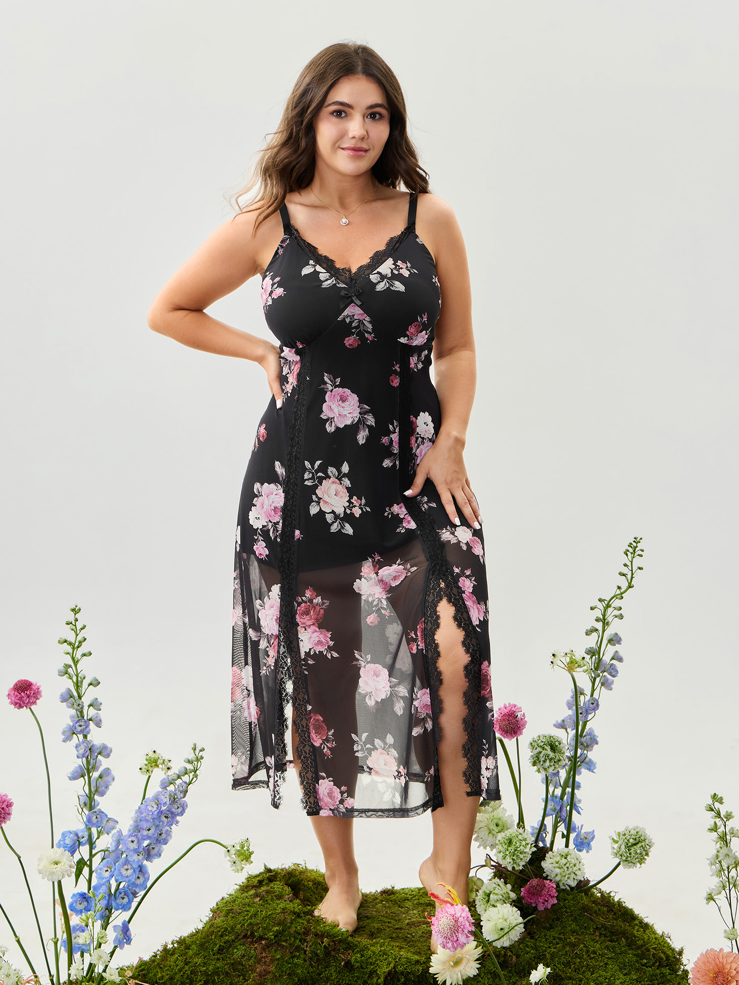 BloomChic Women's Plus Size Floral Romance Print Sheer Slit Nightgown Black Sleeveless Midi V-Neck 26/4X-image-47824889970858