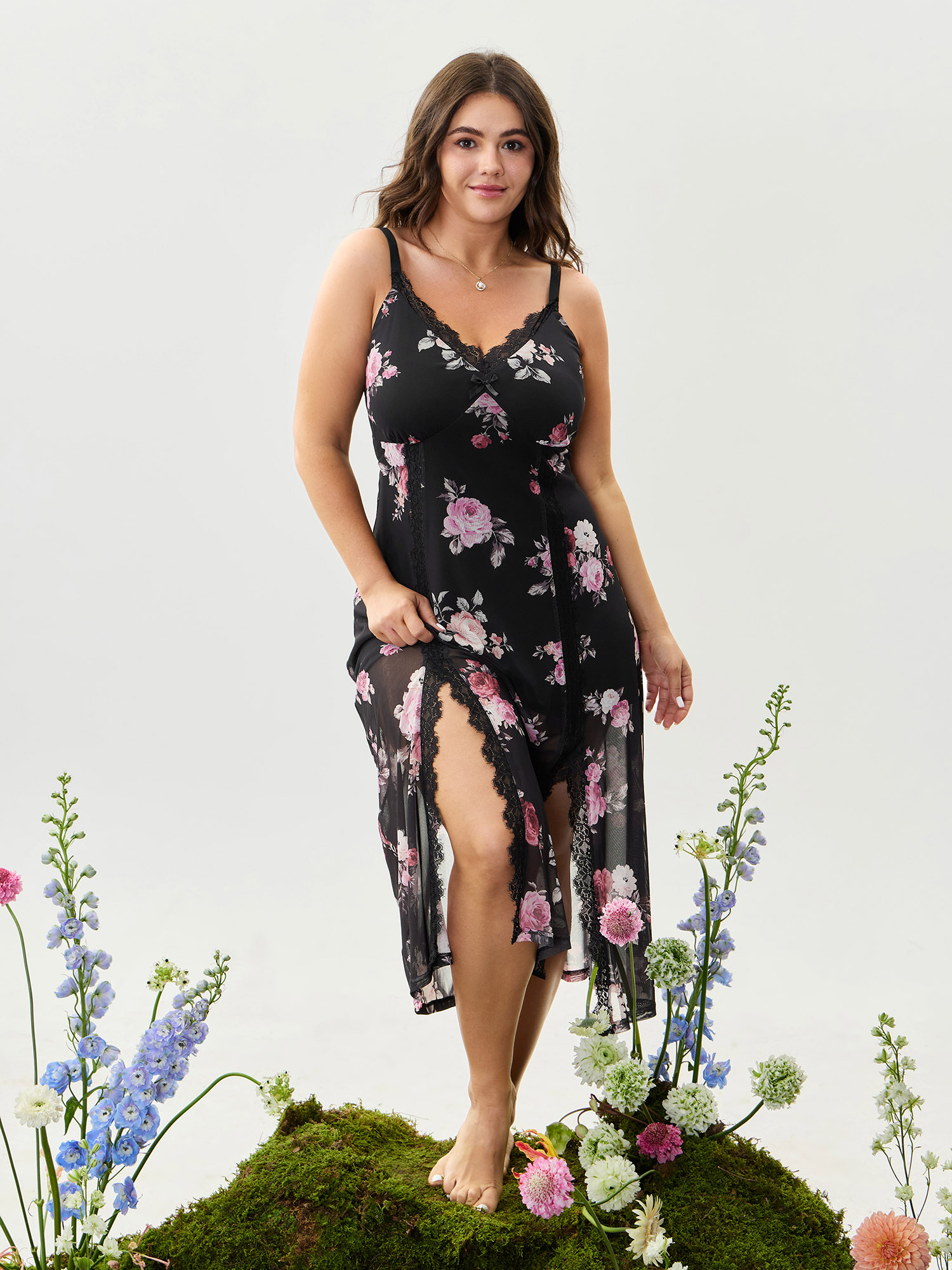 Side view of BloomChic Women's Plus Size Floral Romance Print Sheer Slit Nightgown Black Sleeveless Midi V-Neck 30/6X