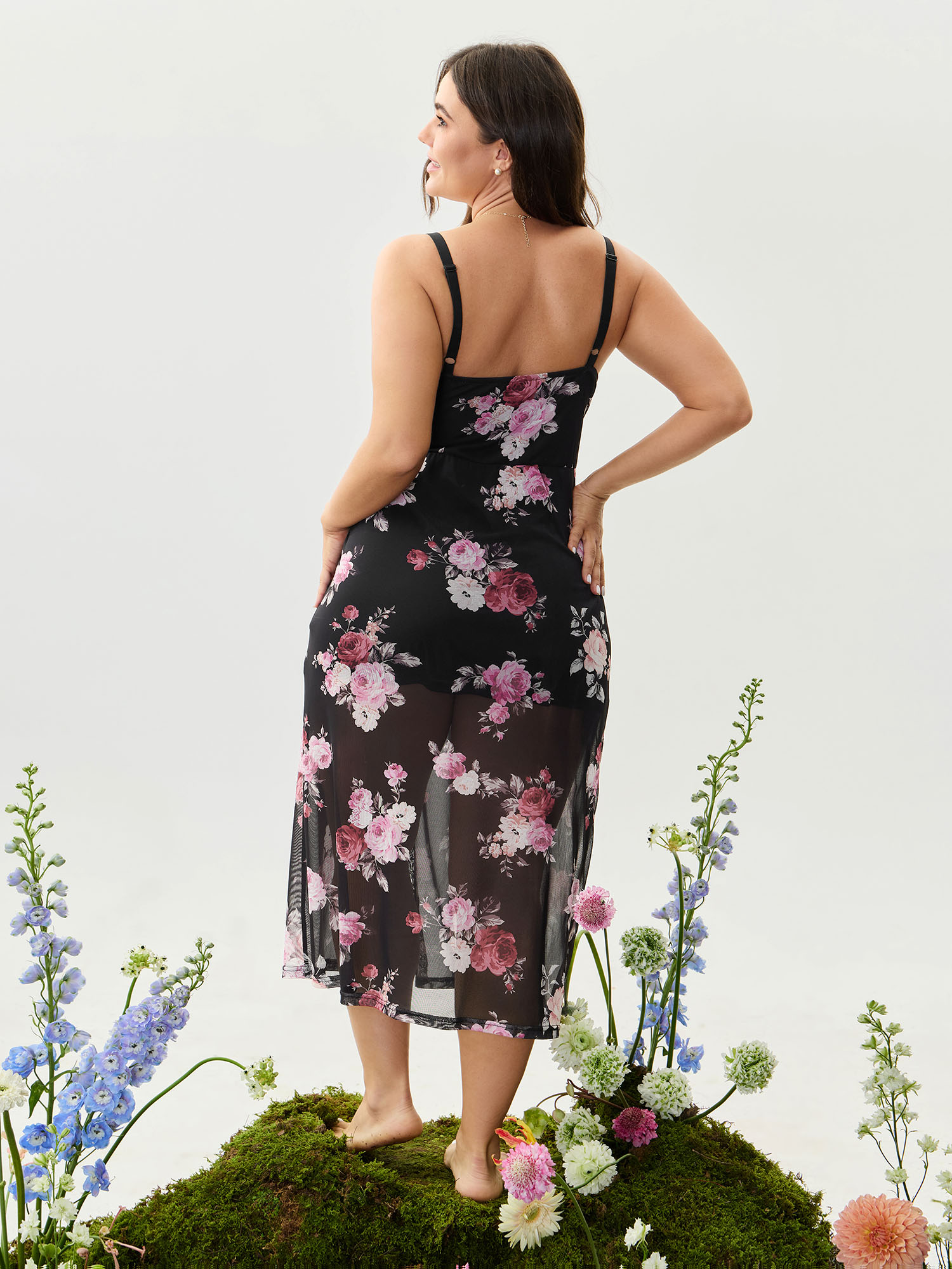 Side view of BloomChic Women's Plus Size Floral Romance Print Sheer Slit Nightgown Black Sleeveless Midi V-Neck 30/6X