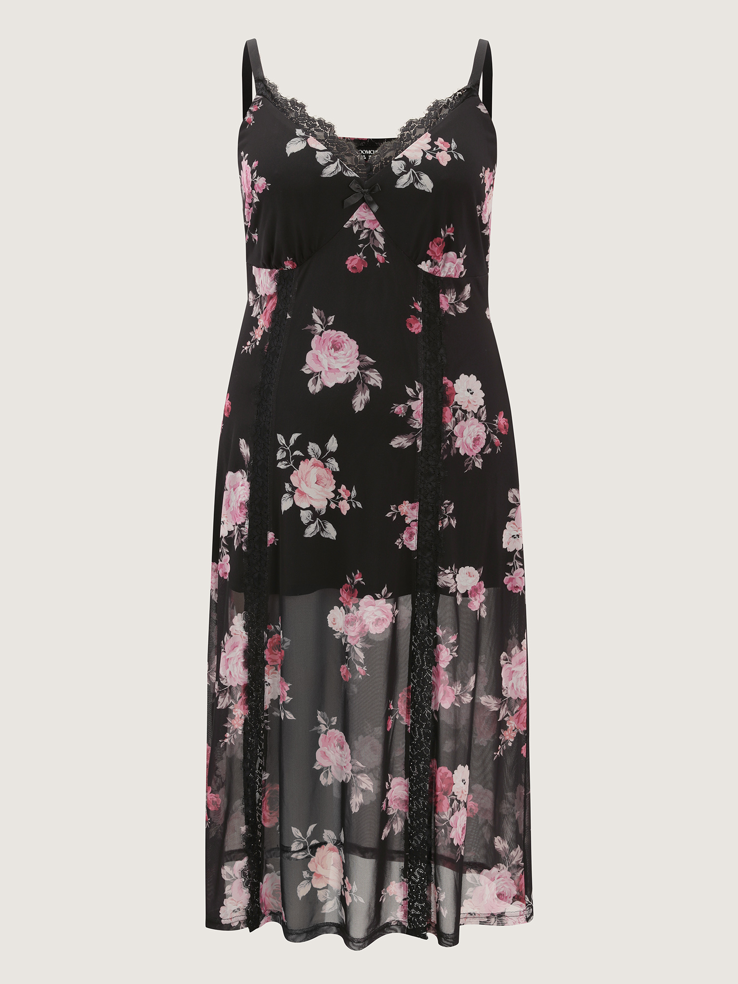 Side view of BloomChic Women's Plus Size Floral Romance Print Sheer Slit Nightgown Black Sleeveless Midi V-Neck 30/6X