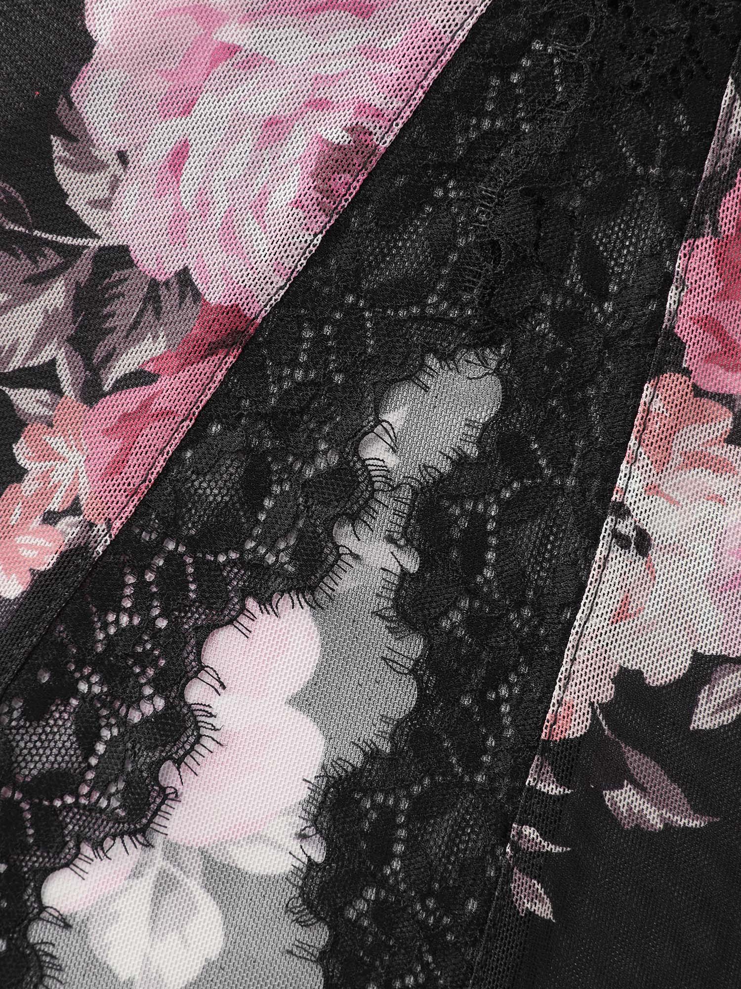 Side view of BloomChic Women's Plus Size Floral Romance Print Sheer Slit Nightgown Black Sleeveless Midi V-Neck 30/6X