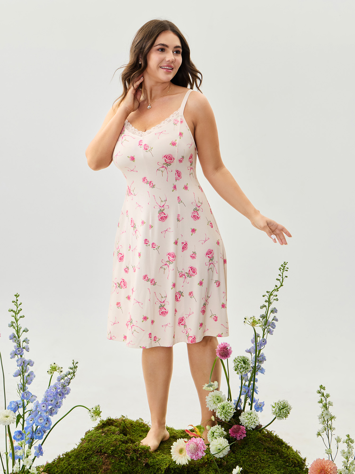 BloomChic Women's Plus Size Supersoft Rosy Print Lace Nightgown Lightpink Sleeveless Midi Sweetheart Neck 12/L-image-47824865558698