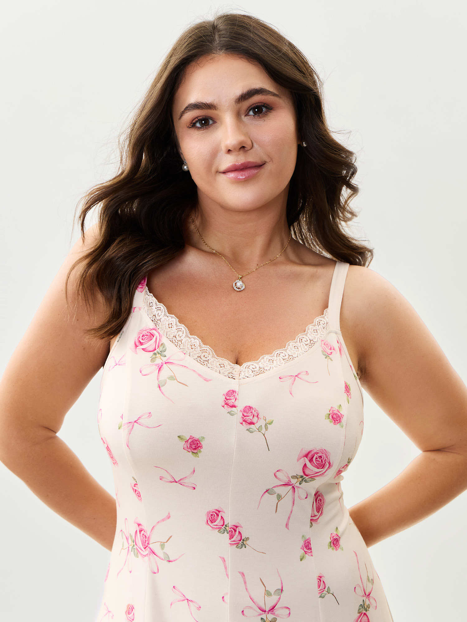Side view of BloomChic Women's Plus Size Supersoft Rosy Print Lace Nightgown Lightpink Sleeveless Midi Sweetheart Neck 14-16/1X