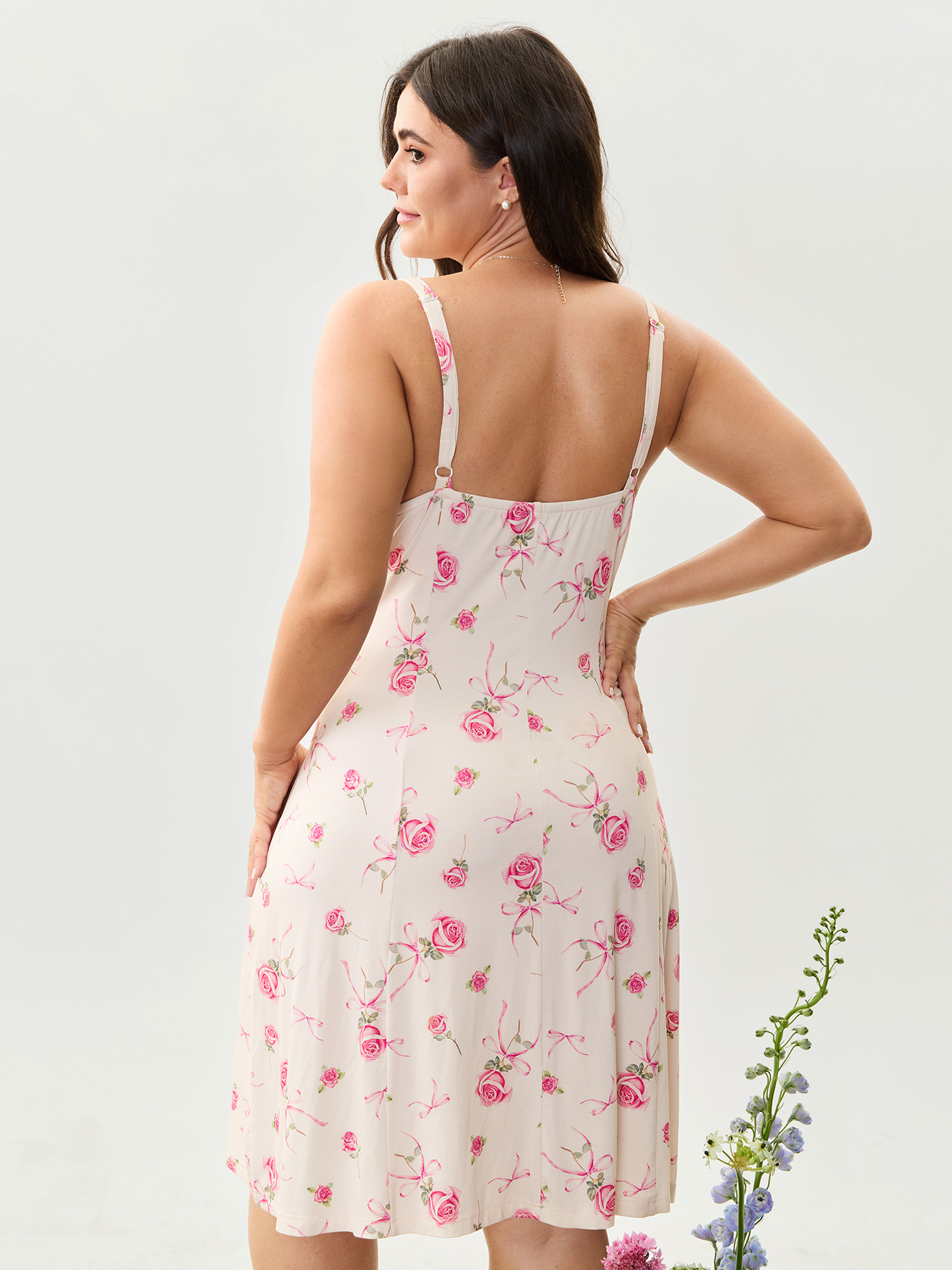 Side view of BloomChic Women's Plus Size Supersoft Rosy Print Lace Nightgown Lightpink Sleeveless Midi Sweetheart Neck 14-16/1X