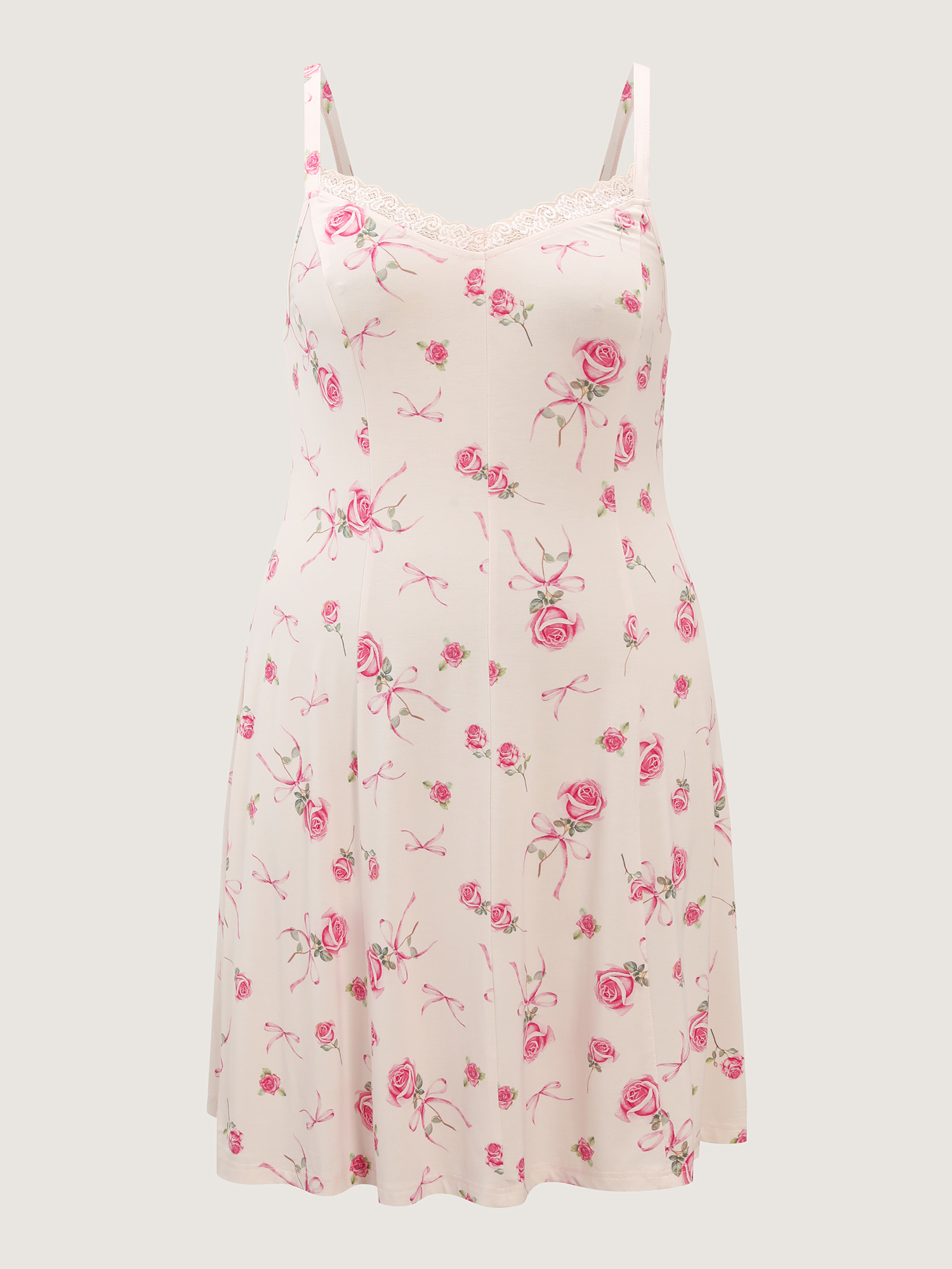 Side view of BloomChic Women's Plus Size Supersoft Rosy Print Lace Nightgown Lightpink Sleeveless Midi Sweetheart Neck 14-16/1X