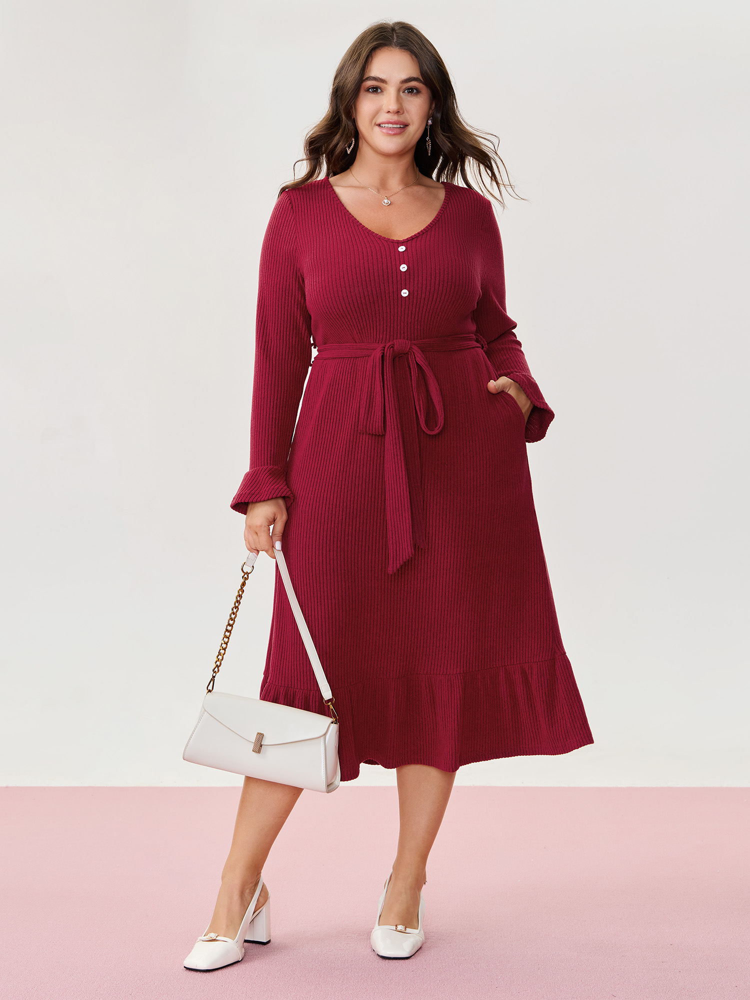BloomChic Women's Plus Size Textured Belted Waist Button Midi Dress Crimson Solid Midi Everyday-Casual Lace-Up 10/M