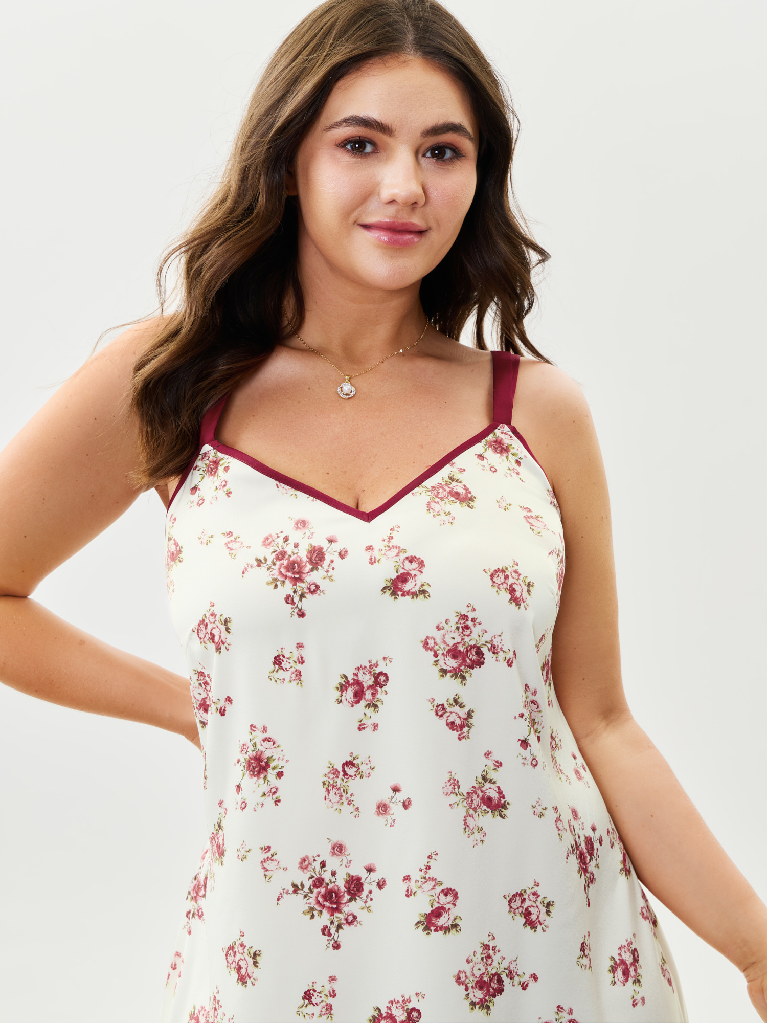 Side view of BloomChic Women's Plus Size Satin Rose Crisscross Back Straps Nightgown Ivory Sleeveless Mini V-Neck 22-24/3X