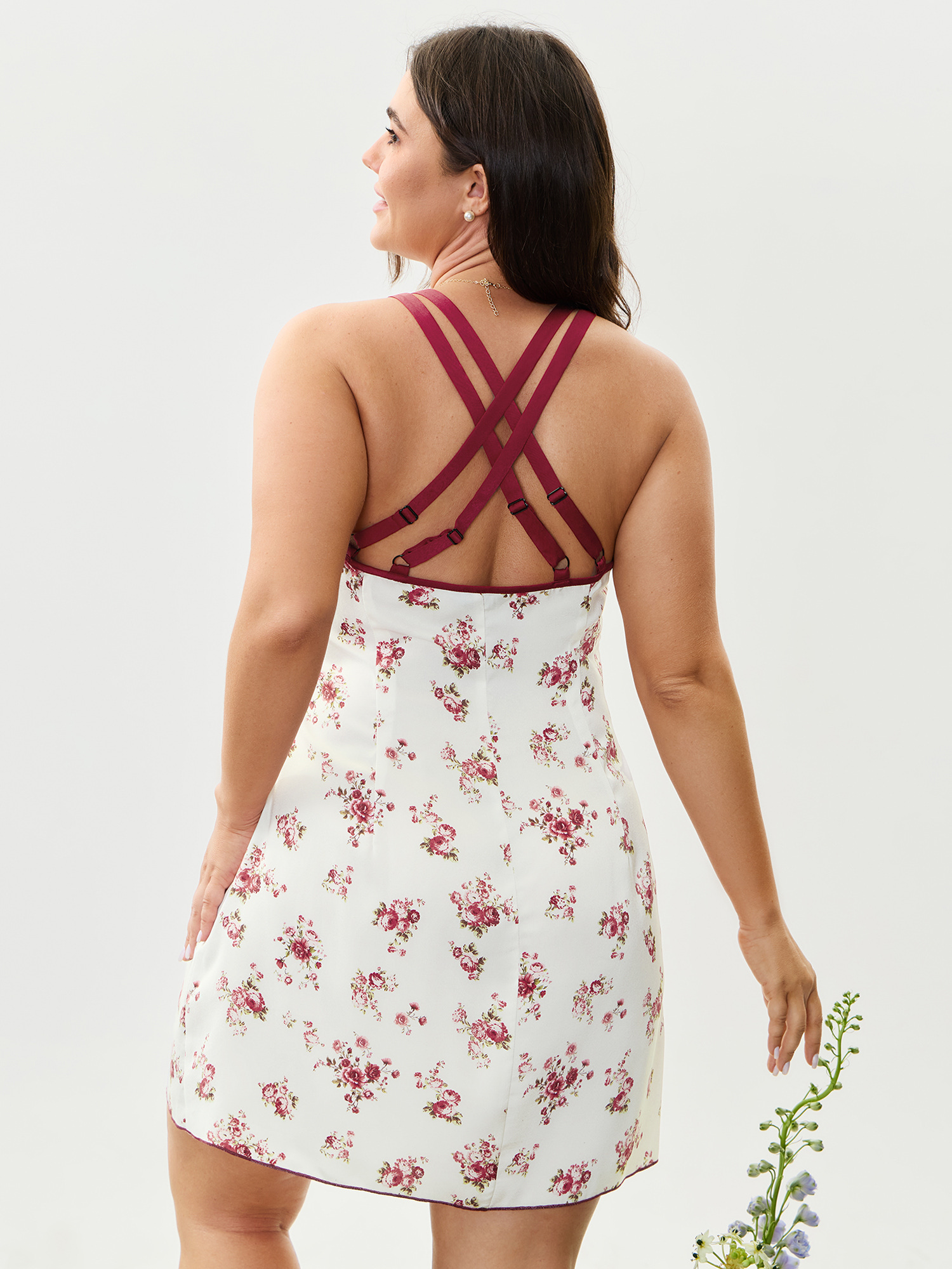 Side view of BloomChic Women's Plus Size Satin Rose Crisscross Back Straps Nightgown Ivory Sleeveless Mini V-Neck 22-24/3X