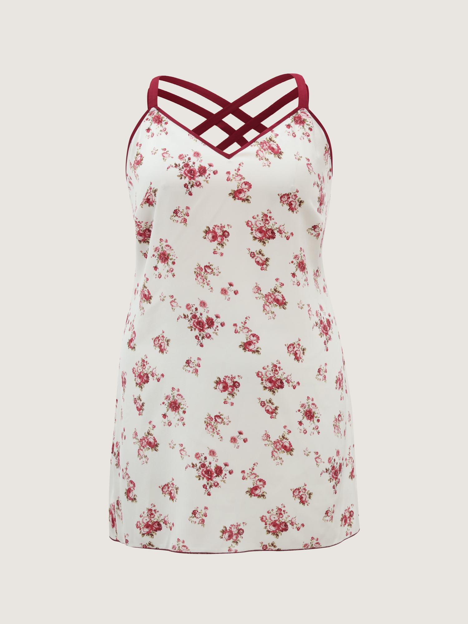 Side view of BloomChic Women's Plus Size Satin Rose Crisscross Back Straps Nightgown Ivory Sleeveless Mini V-Neck 22-24/3X