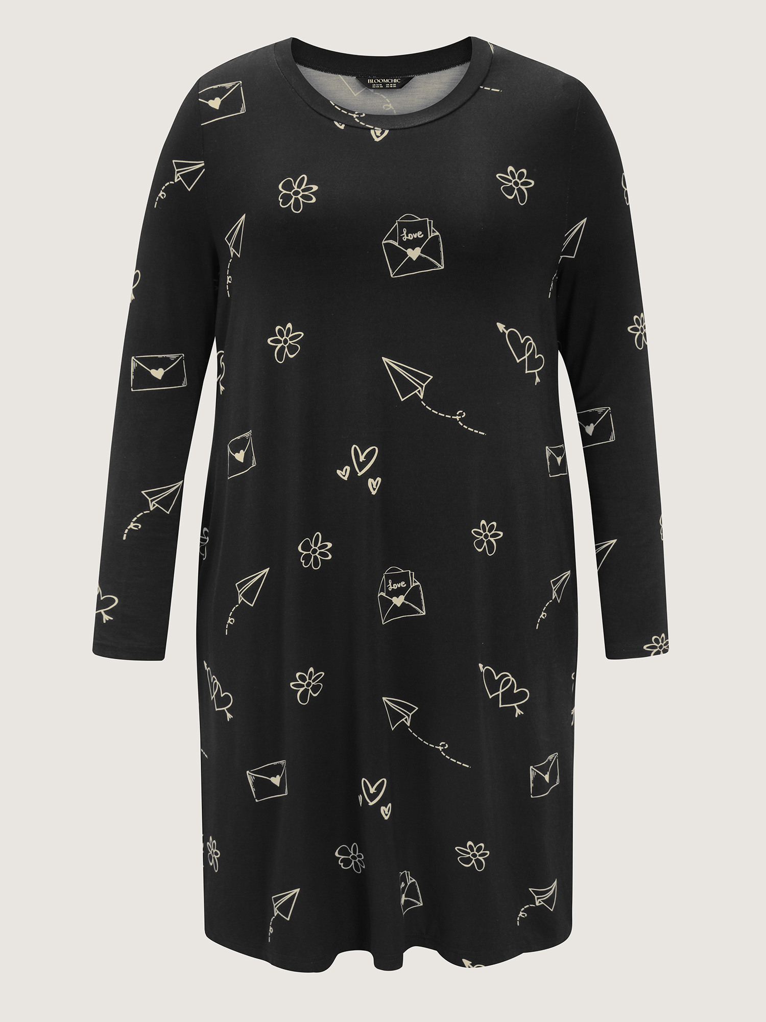 Side view of BloomChic Women's Plus Size Supersoft Love Letter Print Lounge Dress Black Tunic 28/5X