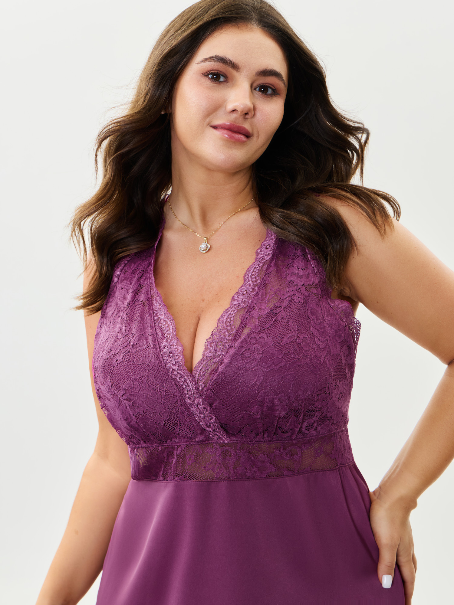 Side view of BloomChic Women's Plus Size Satin Sheer Lace Surplice Neckline Nightgown Deeppurplered Sleeveless Mini Deep V-Neck 28/5X