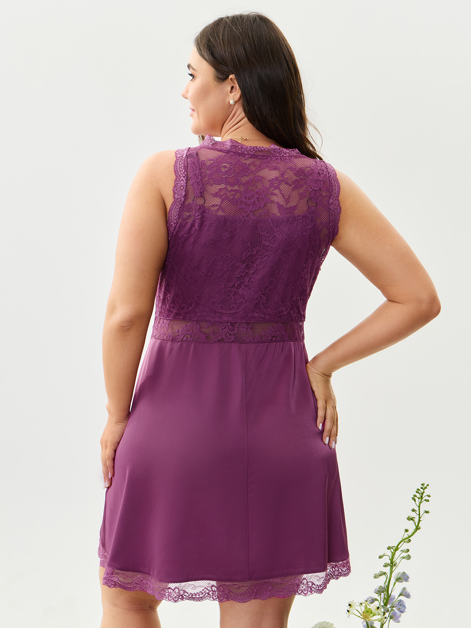 Side view of BloomChic Women's Plus Size Satin Sheer Lace Surplice Neckline Nightgown Deeppurplered Sleeveless Mini Deep V-Neck 28/5X