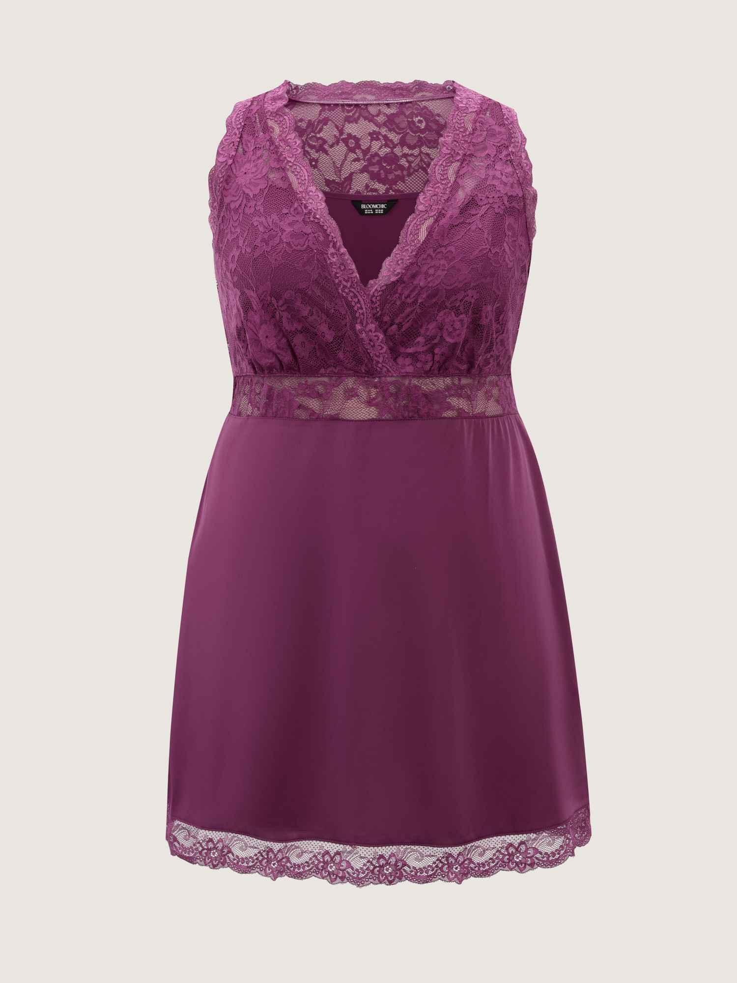 Side view of BloomChic Women's Plus Size Satin Sheer Lace Surplice Neckline Nightgown Deeppurplered Sleeveless Mini Deep V-Neck 28/5X