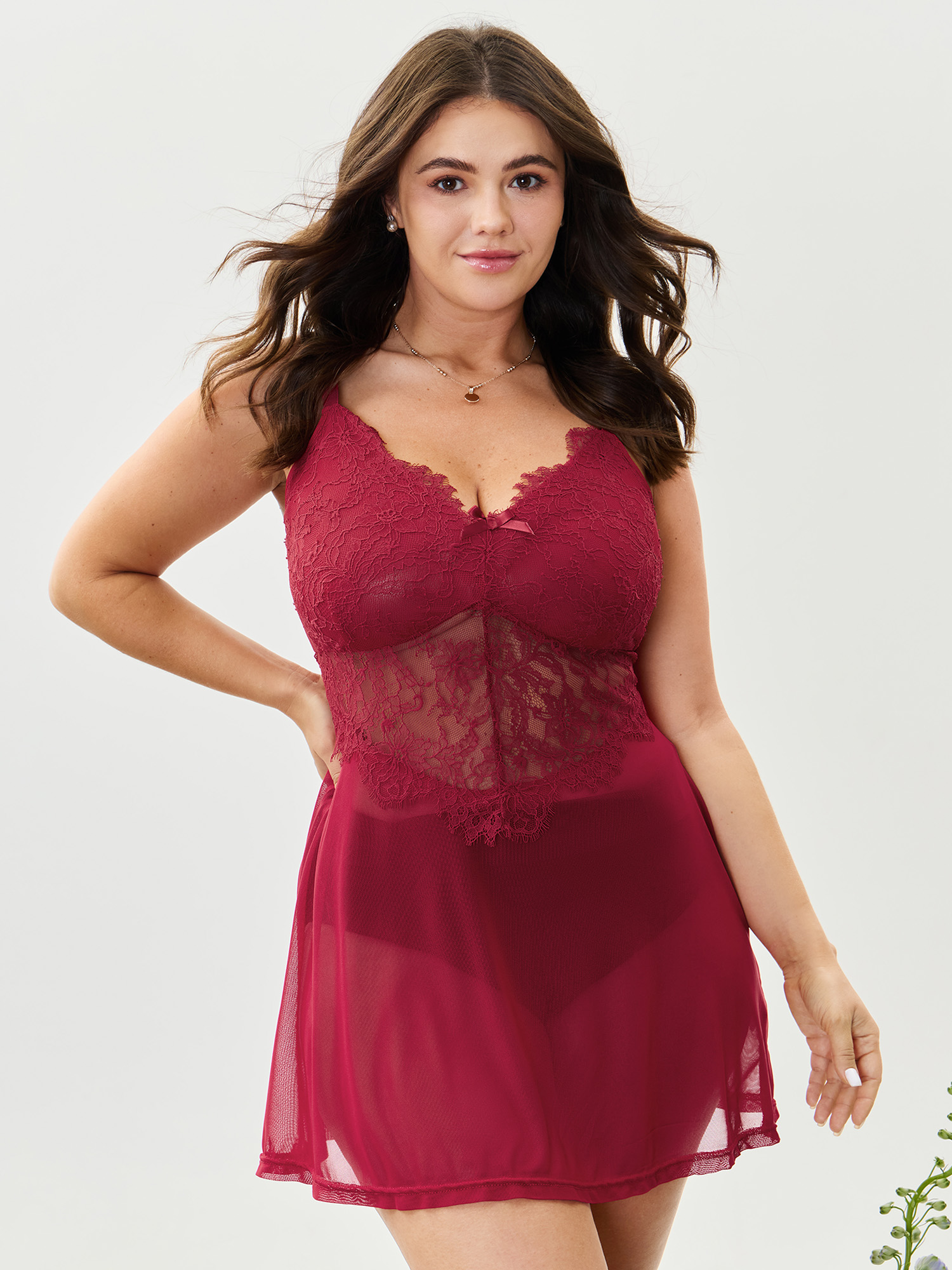 BloomChic Women's Plus Size Flirty Lace Trim Sheer Flowy Nightgown Deepred Sleeveless Mini V-Neck 12/L-image-47818962436266