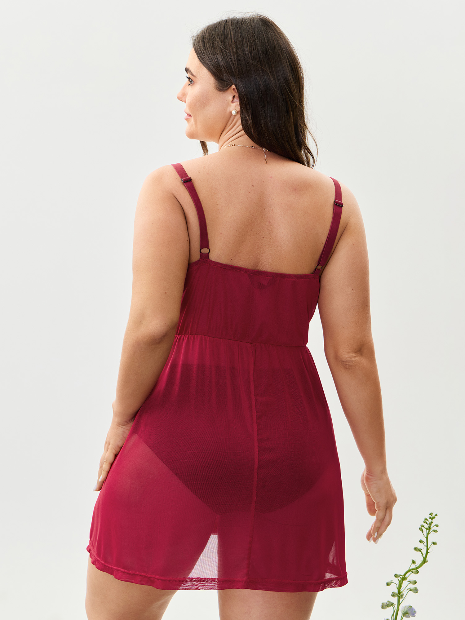 Side view of BloomChic Women's Plus Size Flirty Lace Trim Sheer Flowy Nightgown Deepred Sleeveless Mini V-Neck 26/4X