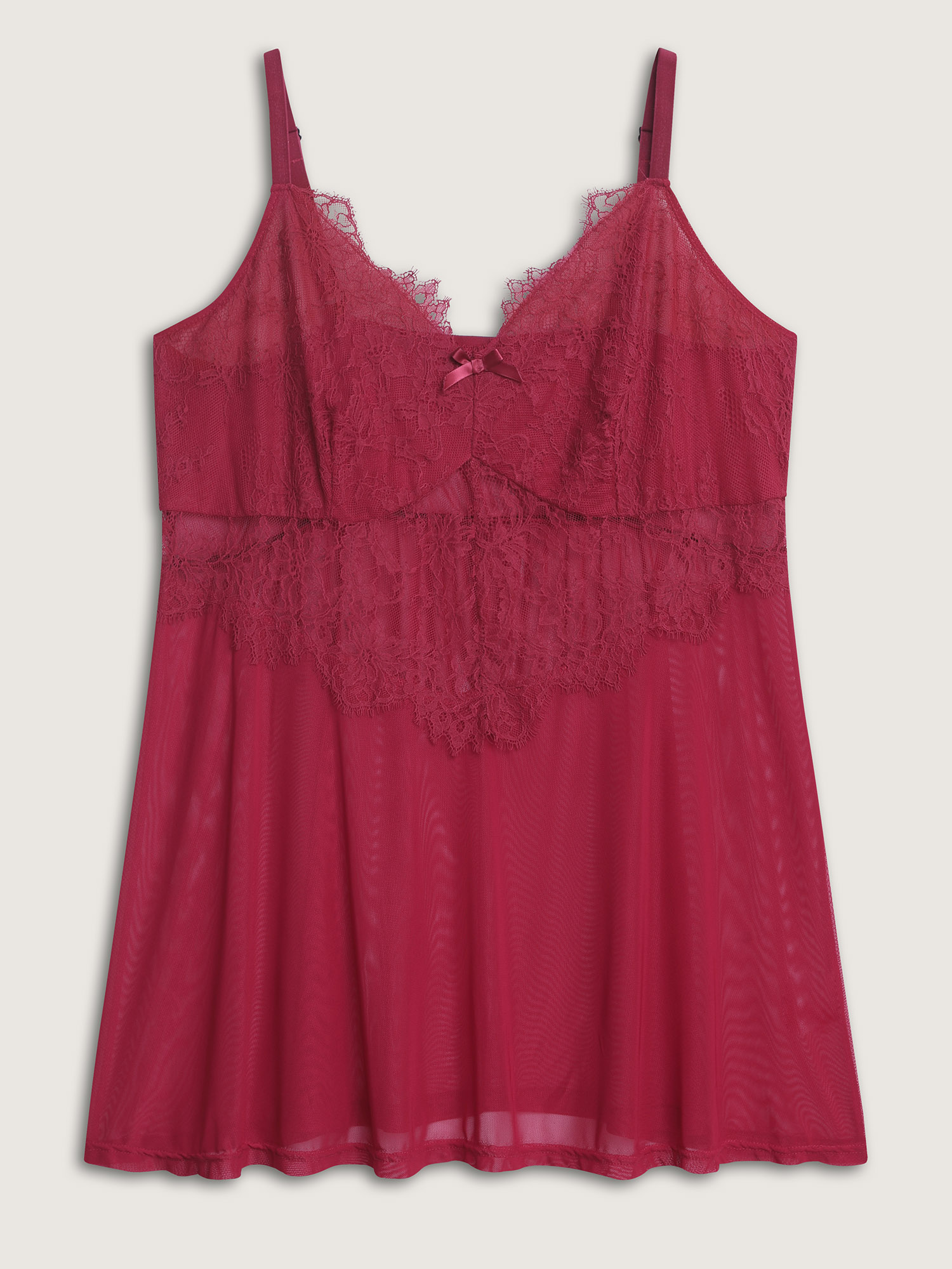 Side view of BloomChic Women's Plus Size Flirty Lace Trim Sheer Flowy Nightgown Deepred Sleeveless Mini V-Neck 26/4X