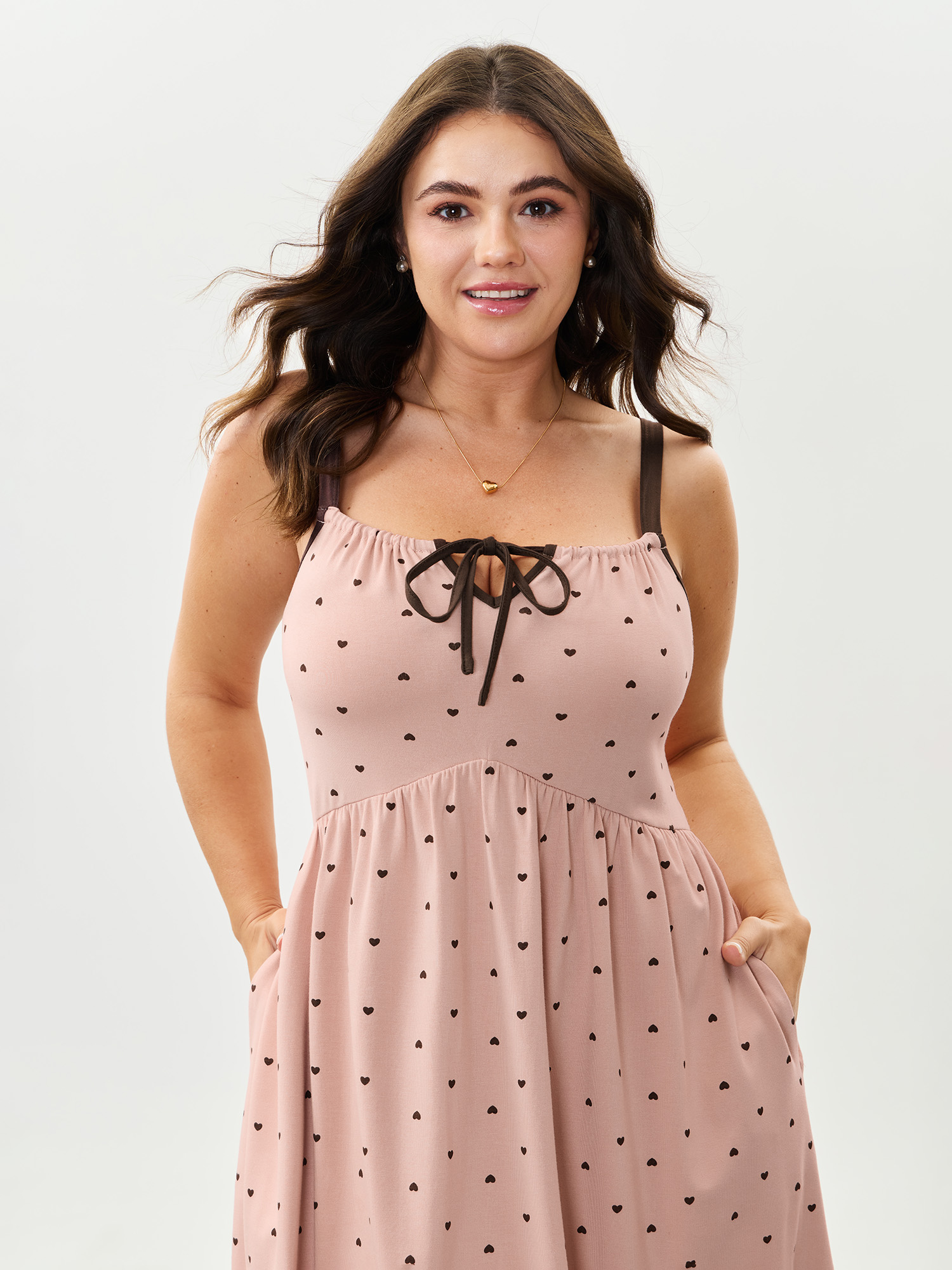 Side view of BloomChic Women's Plus Size Cozy Love Drawstring Neckline Pocket Nightgown Nudepink Sleeveless Short 22-24/3X