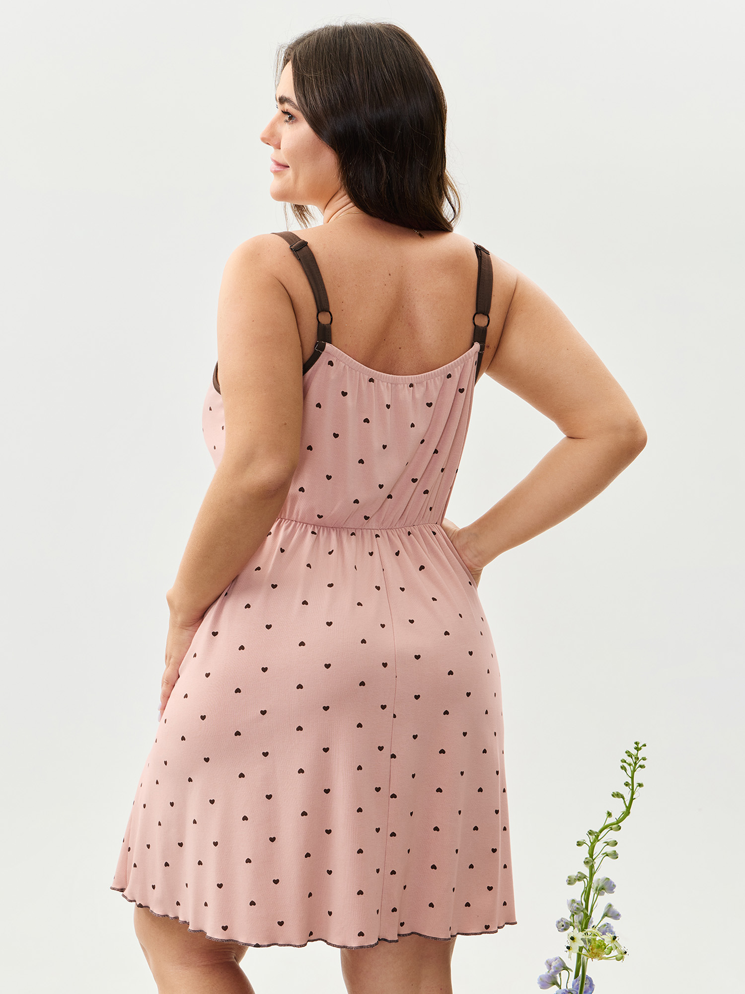 Side view of BloomChic Women's Plus Size Cozy Love Drawstring Neckline Pocket Nightgown Nudepink Sleeveless Short 22-24/3X