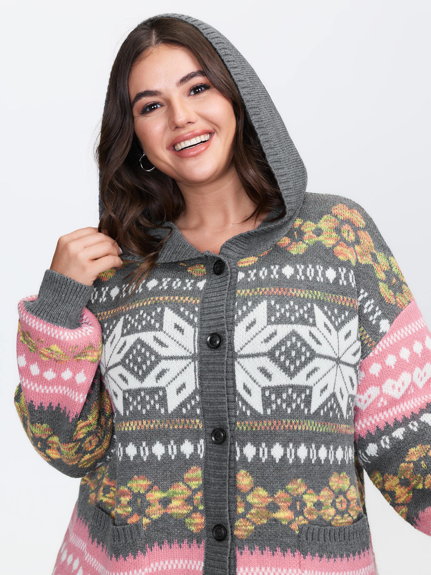 BloomChic Women's Plus Size Fair-Isle Pattern Jacquard Knit Cardigan DarkGray Long Sleeve Hooded Neck 10/M
