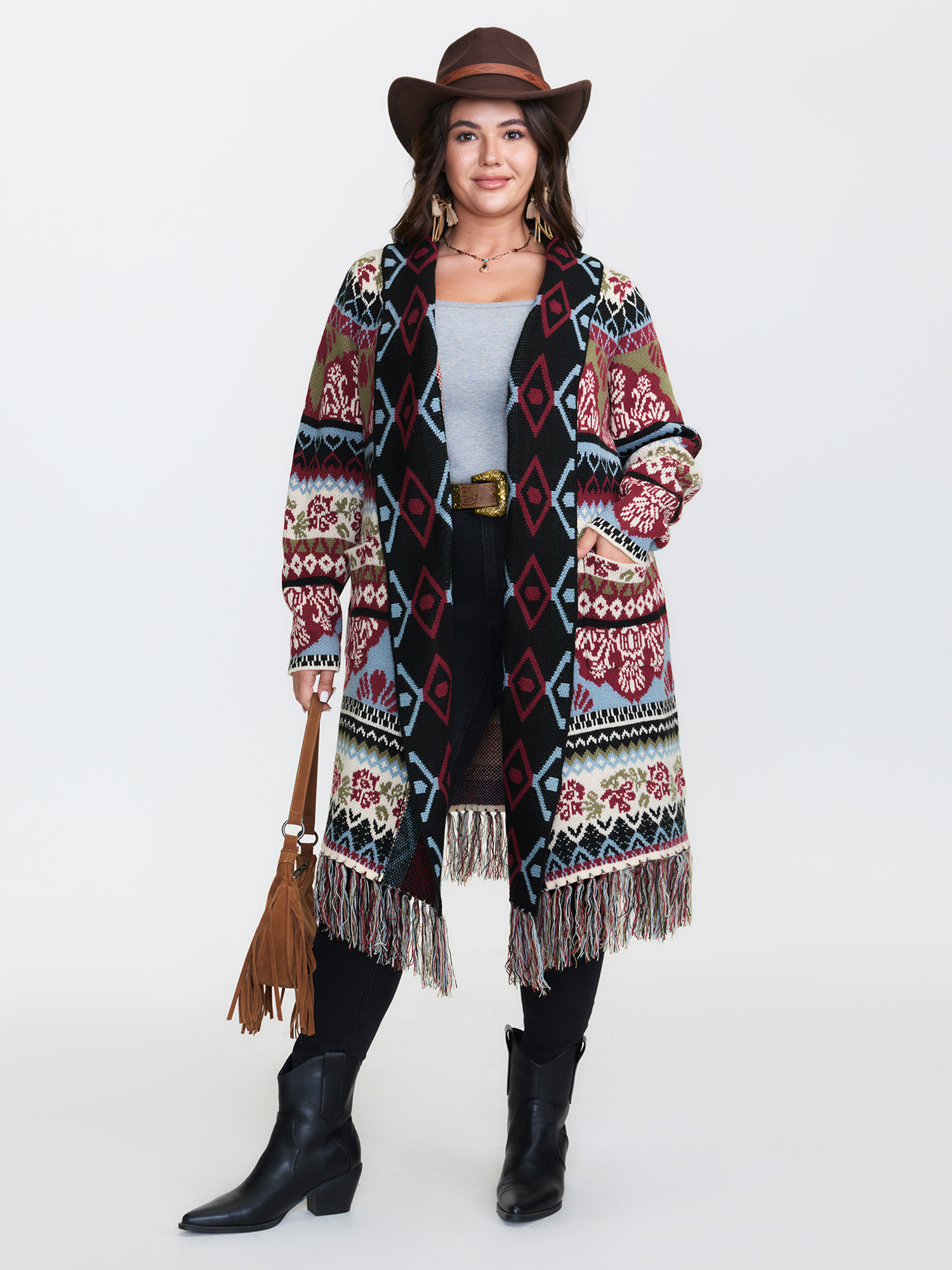 BloomChic Women's Plus Size Fair-Isle Pattern Jacquard Fringes Knit Cardigan Beige Long Sleeve Wide Lapel 10/M