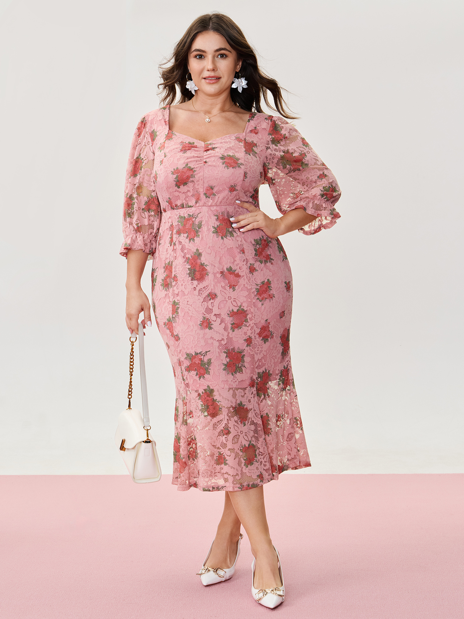 BloomChic Plus Size Romantic Lace Print Pockets Midi Dress - Curve Ladies Crepe Elegant 3/4 Sleeve Ditsy Floral Daily Dresses 22-24/2X