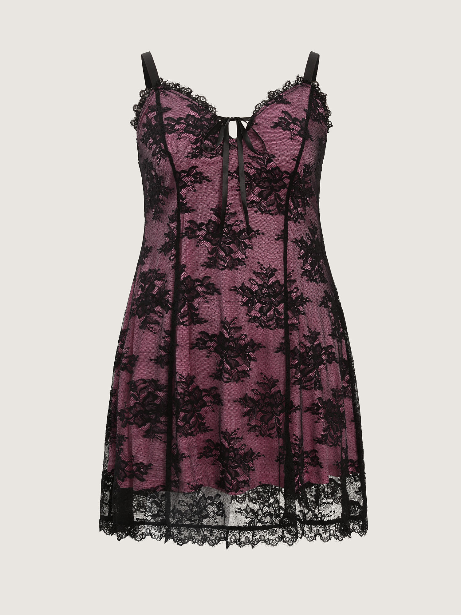 Side view of BloomChic Women's Plus Size Floral Lace Trim Front-Tie Nightgown Watermelon Sleeveless Short 12/L