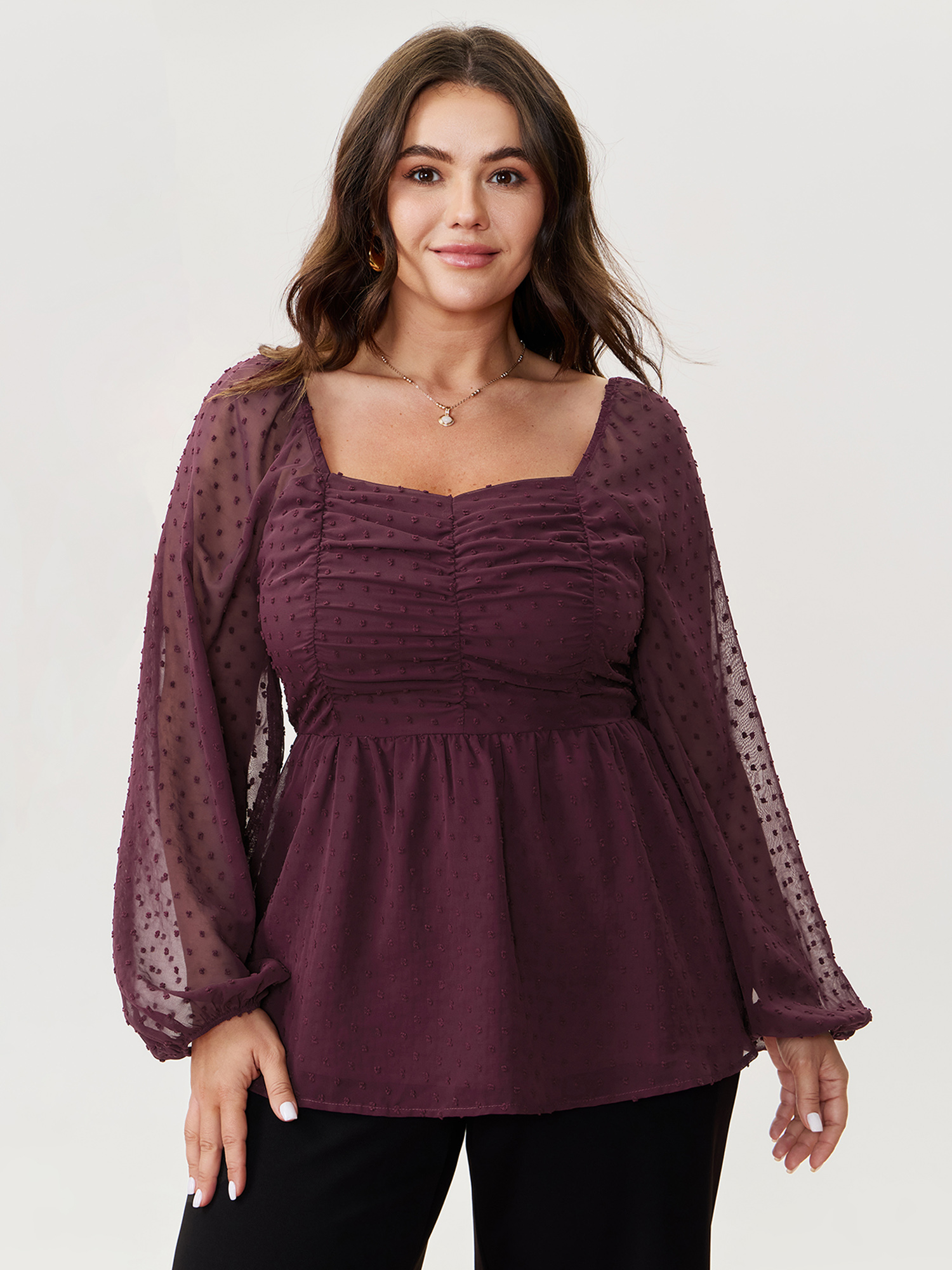 BloomChic Women's Plus Size Ruched Textured Shirred Back Blouse Burgundy Solid Everyday-Elegant Long Sleeve Sweetheart Neck 30/6X