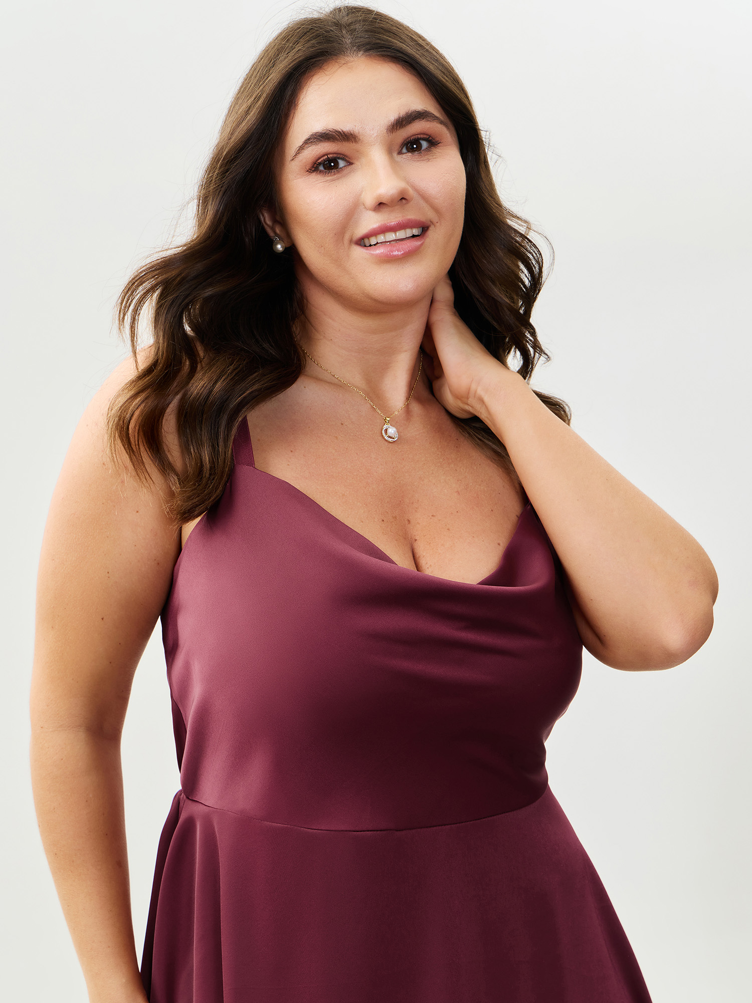 Side view of BloomChic Women's Plus Size Romantic Cowl Neckline Sheer Nightgown Scarlet Sleeveless Mini Cowl Neck 26/4X