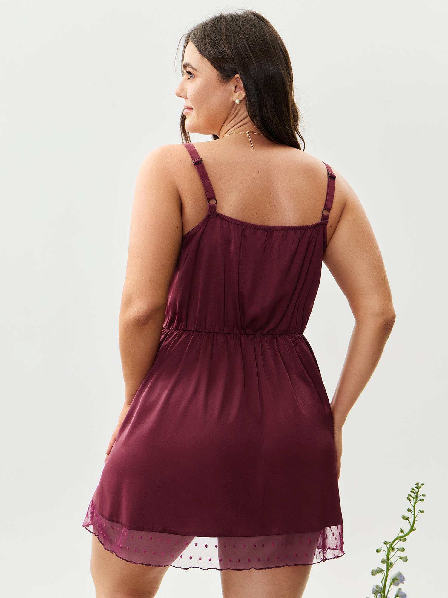 Side view of BloomChic Women's Plus Size Romantic Cowl Neckline Sheer Nightgown Scarlet Sleeveless Mini Cowl Neck 26/4X