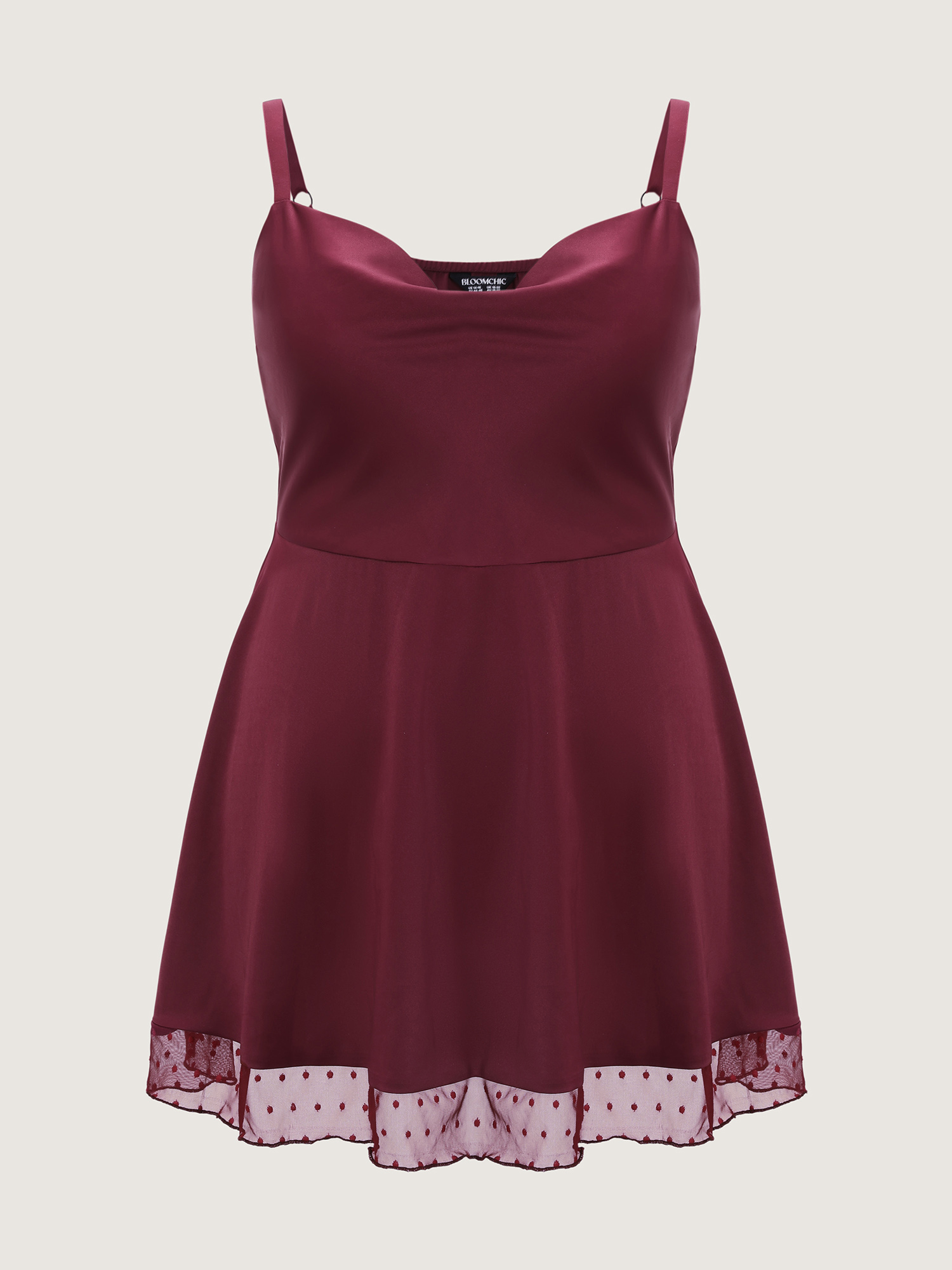 Side view of BloomChic Women's Plus Size Romantic Cowl Neckline Sheer Nightgown Scarlet Sleeveless Mini Cowl Neck 26/4X