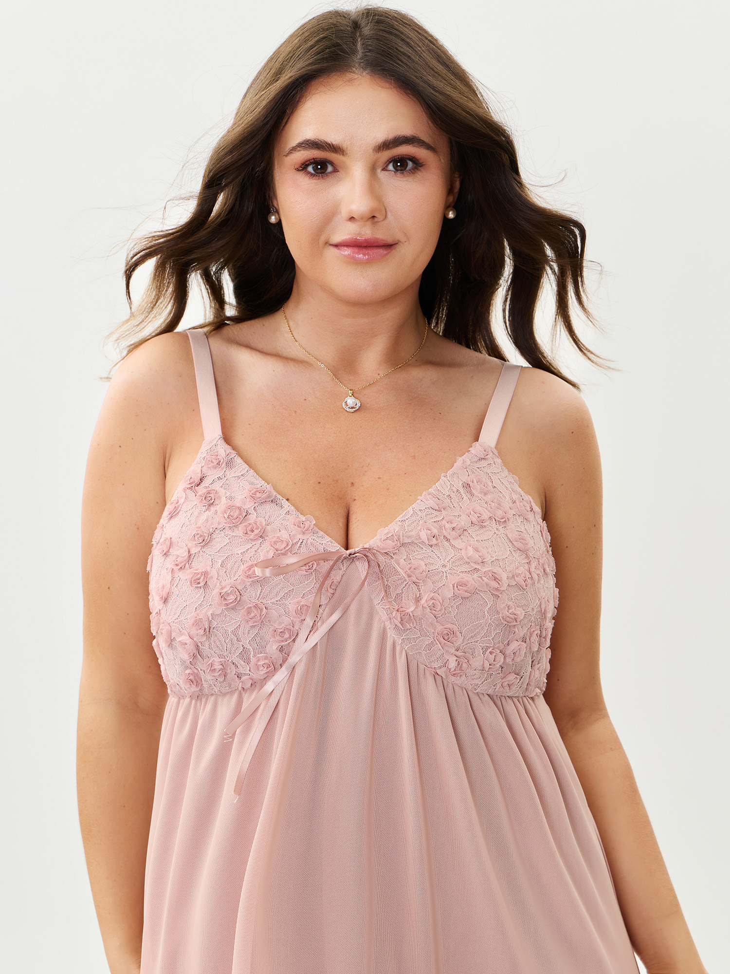 Side view of BloomChic Women's Plus Size Lace Trim Textured Bodice Nightgown Nudepink Sleeveless Mini Strapless 22-24/3X