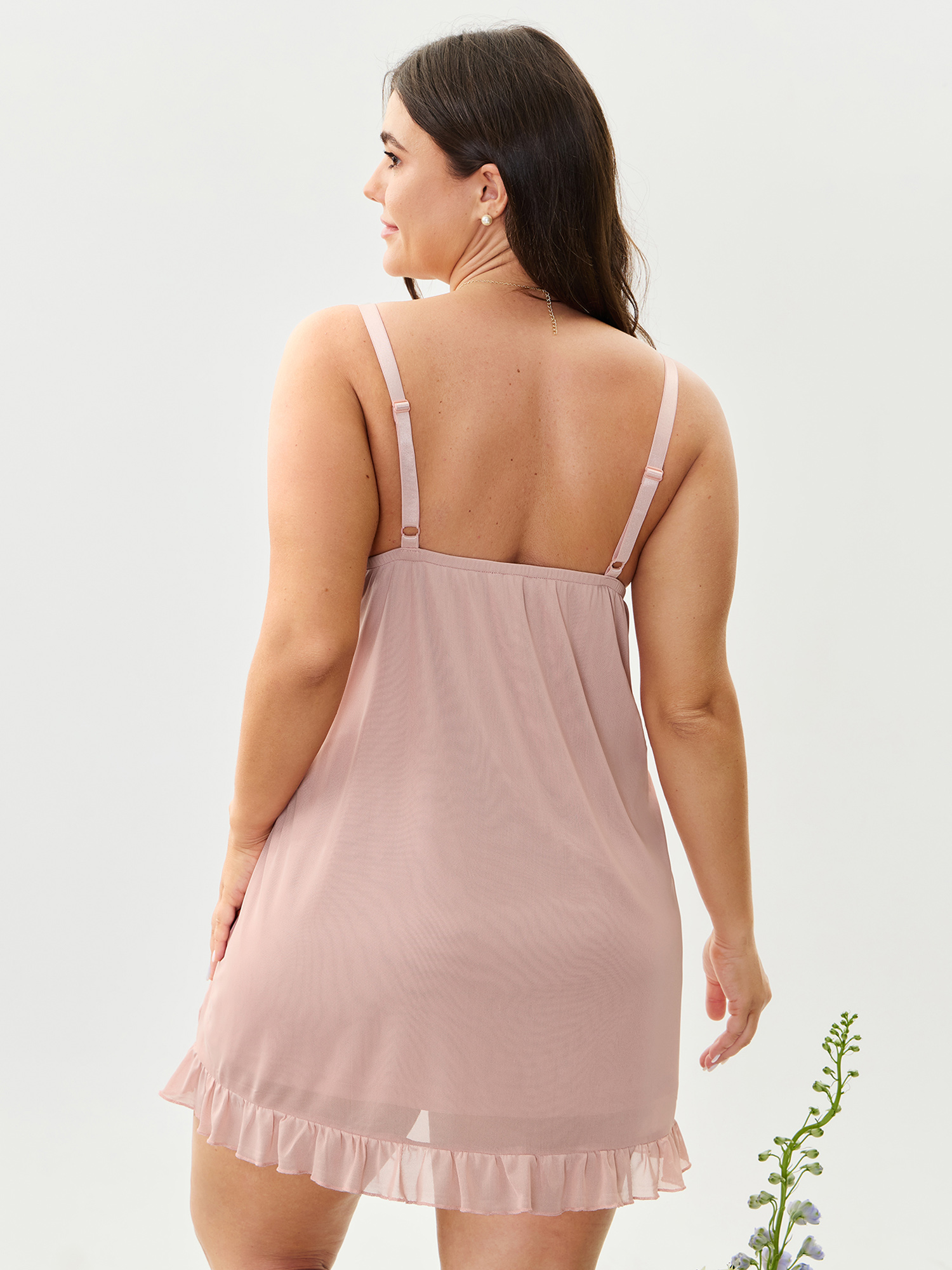 Side view of BloomChic Women's Plus Size Lace Trim Textured Bodice Nightgown Nudepink Sleeveless Mini Strapless 22-24/3X