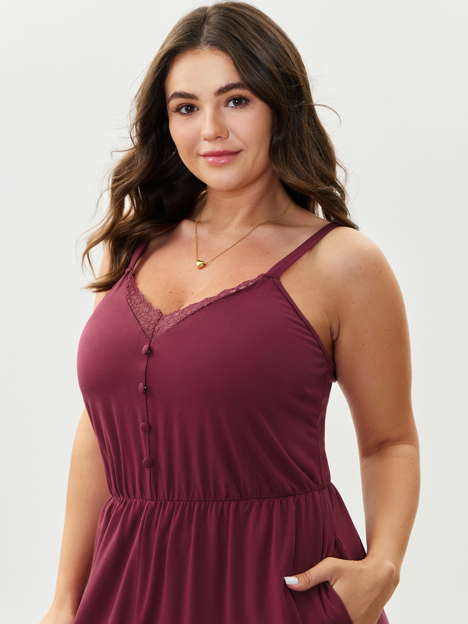 Side view of BloomChic Women's Plus Size Supersoft Lace Trim Sleeveless Pajama Romper Deeppurplered Solid Deep V-Neck Pajama Jumpsuits 22-24/3X