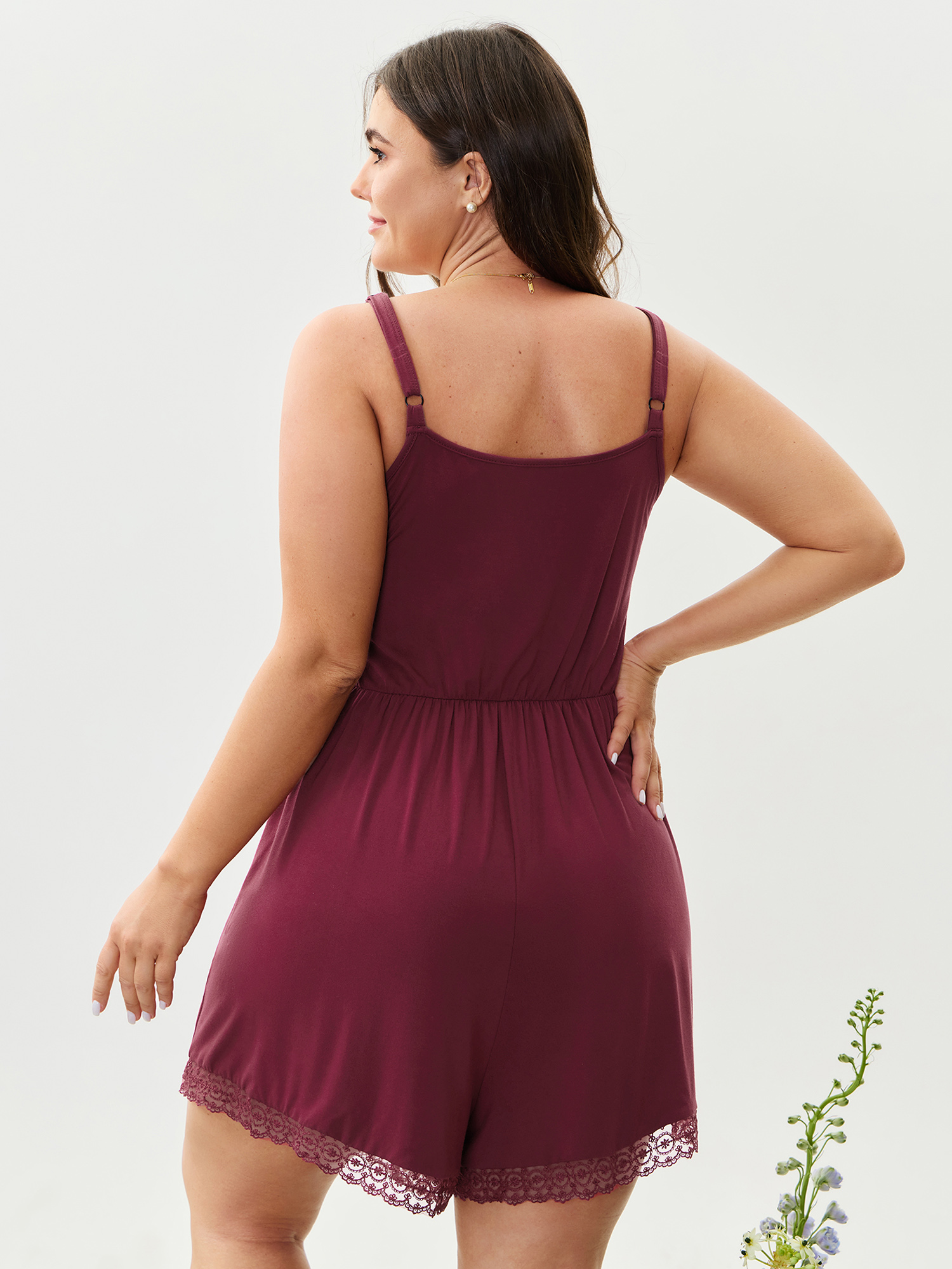 Side view of BloomChic Women's Plus Size Supersoft Lace Trim Sleeveless Pajama Romper Deeppurplered Solid Deep V-Neck Pajama Jumpsuits 22-24/3X