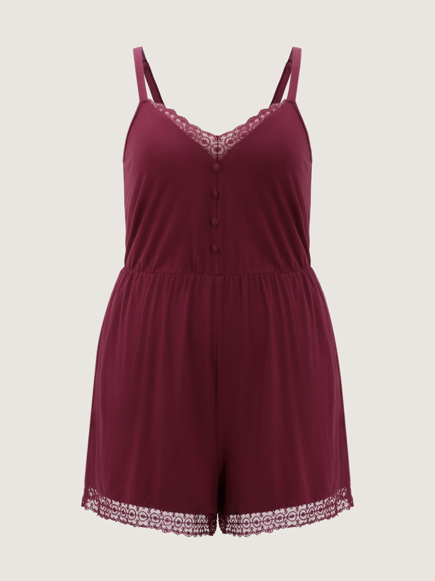 Side view of BloomChic Women's Plus Size Supersoft Lace Trim Sleeveless Pajama Romper Deeppurplered Solid Deep V-Neck Pajama Jumpsuits 22-24/3X