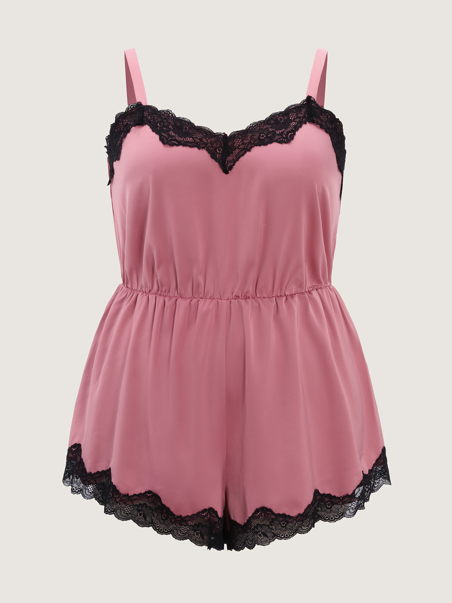 Side view of BloomChic Women's Plus Size Satin Lace Trim Color Contrast Pajama Romper Watermelon Solid V-Neck Pajama Jumpsuits 12/L