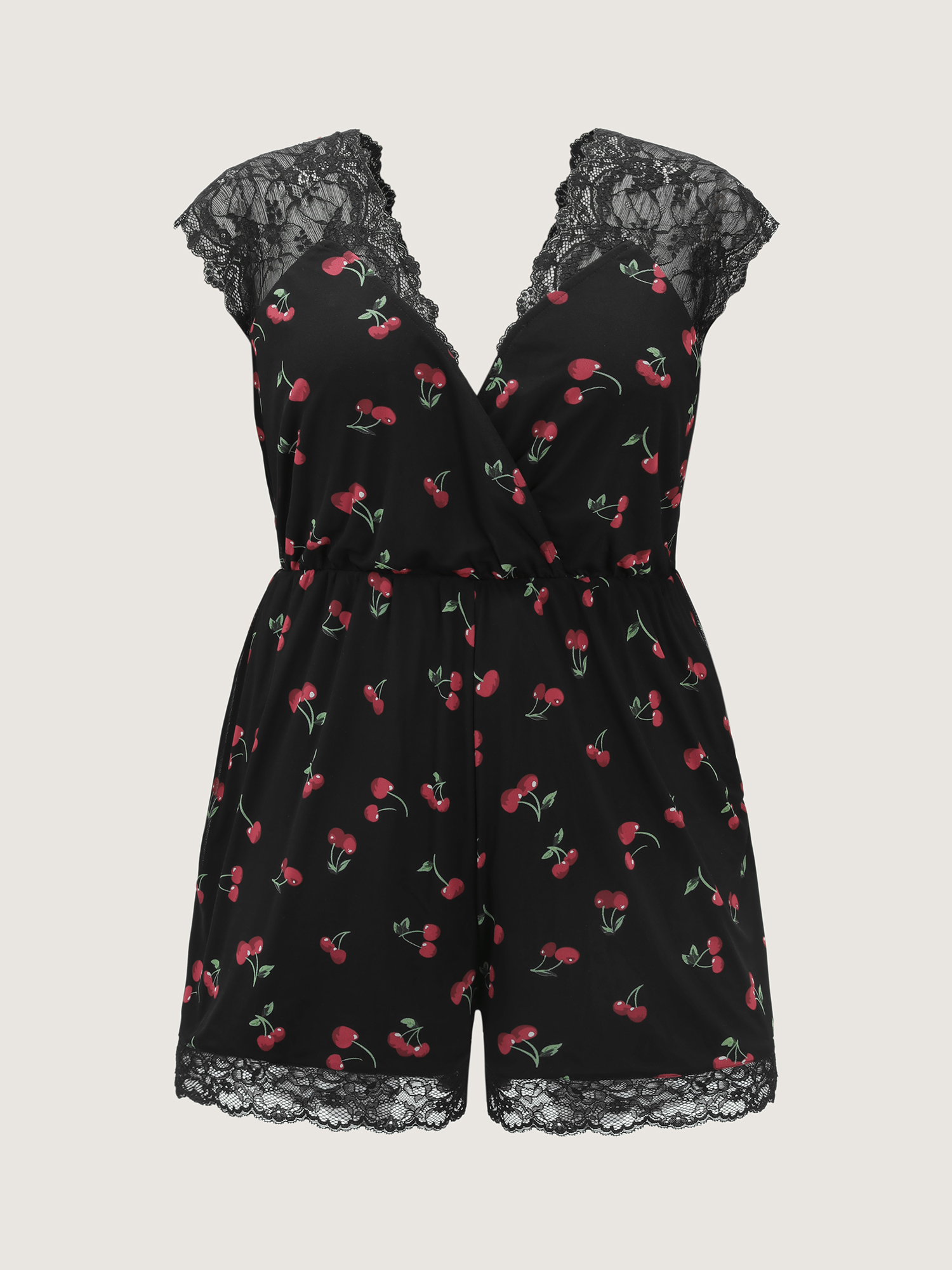 Side view of BloomChic Women's Plus Size Sweet Cherry Lace Sleeve Lounge Romper Black Fruit V-Neck Pajama Jumpsuits 14-16/1X
