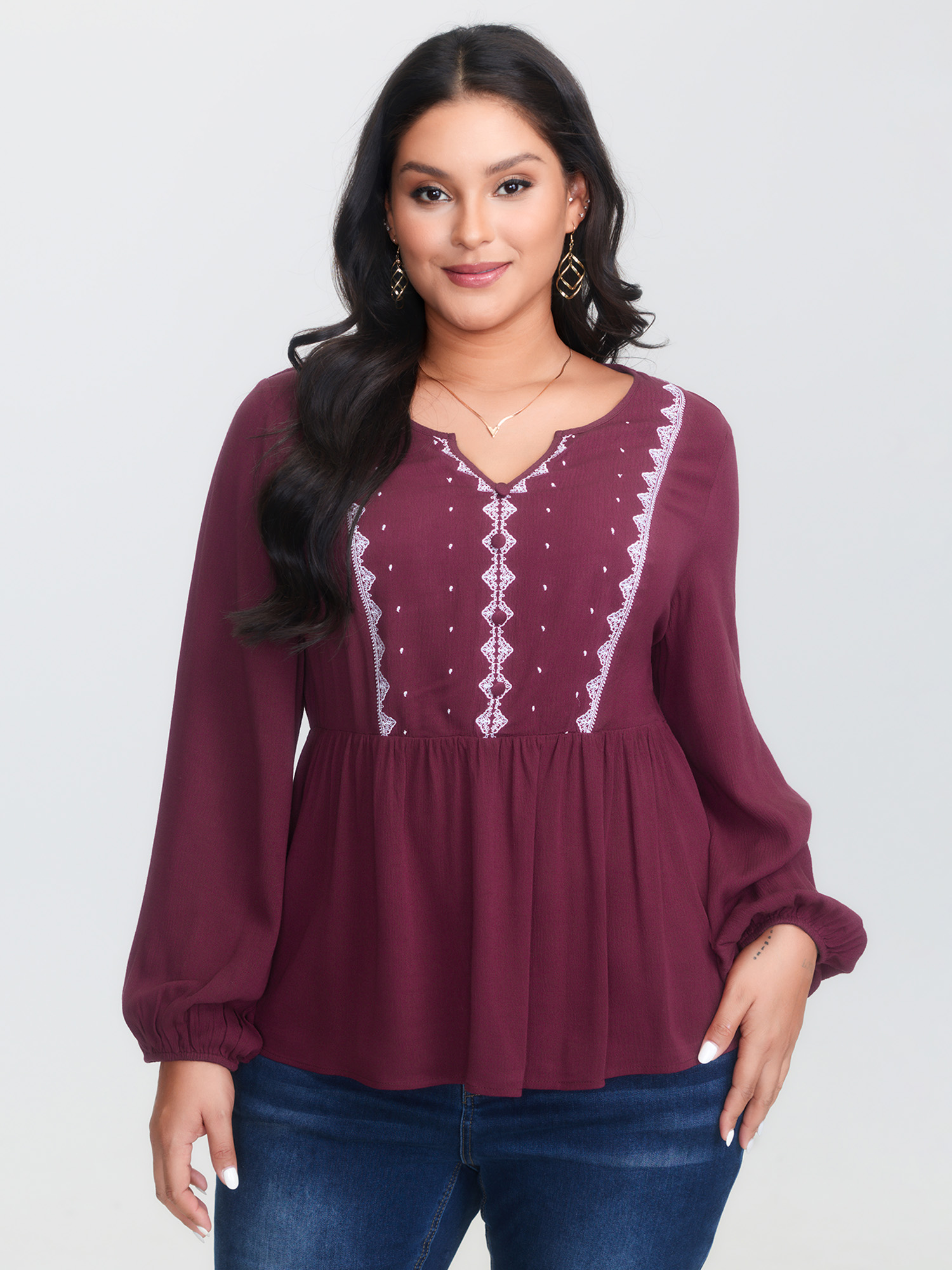 BloomChic Women's Plus Size Geometric Print Cinched Flared Blouse Burgundy Ethnic Floral Vacation Long Sleeve V-Notch Neck 12/L