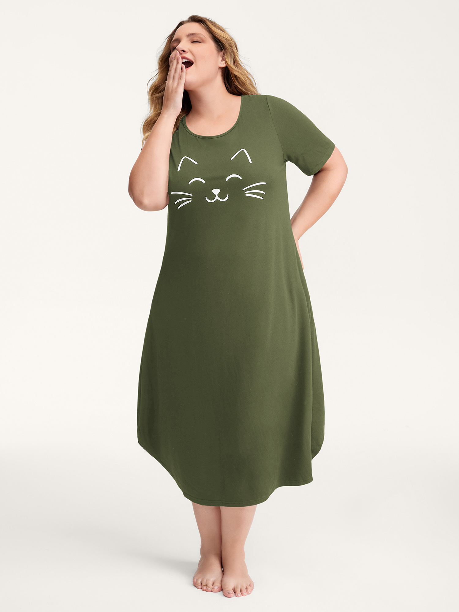 BloomChic Women's Plus Size Happy Cat Print Stretchy Contrast Nightgown ArmyGreen Short sleeve Midi Round Neck 30/6X-image-48153945407658