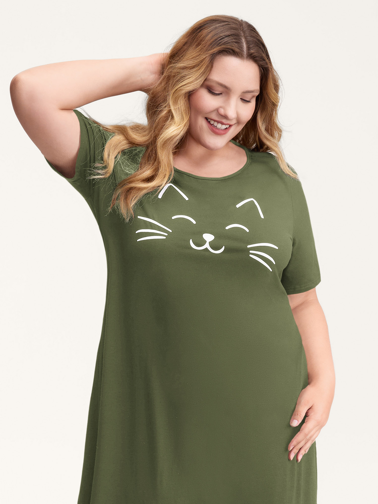 Side view of BloomChic Women's Plus Size Happy Cat Print Stretchy Contrast Nightgown ArmyGreen Short sleeve Midi Round Neck 10/M