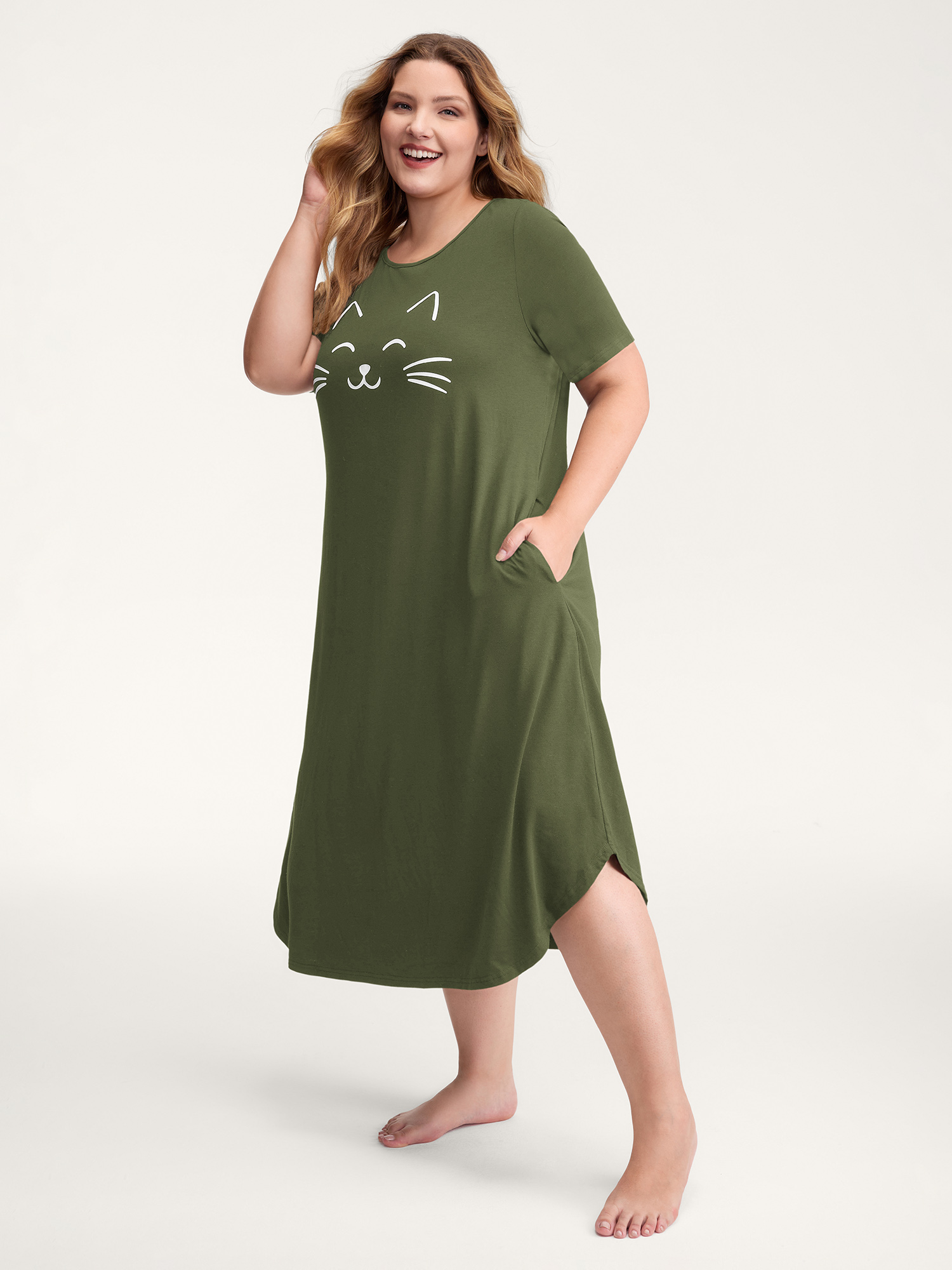 Side view of BloomChic Women's Plus Size Happy Cat Print Stretchy Contrast Nightgown ArmyGreen Short sleeve Midi Round Neck 10/M