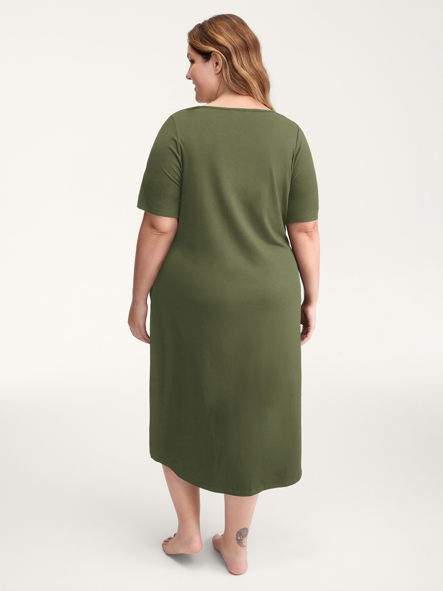 Side view of BloomChic Women's Plus Size Happy Cat Print Stretchy Contrast Nightgown ArmyGreen Short sleeve Midi Round Neck 10/M