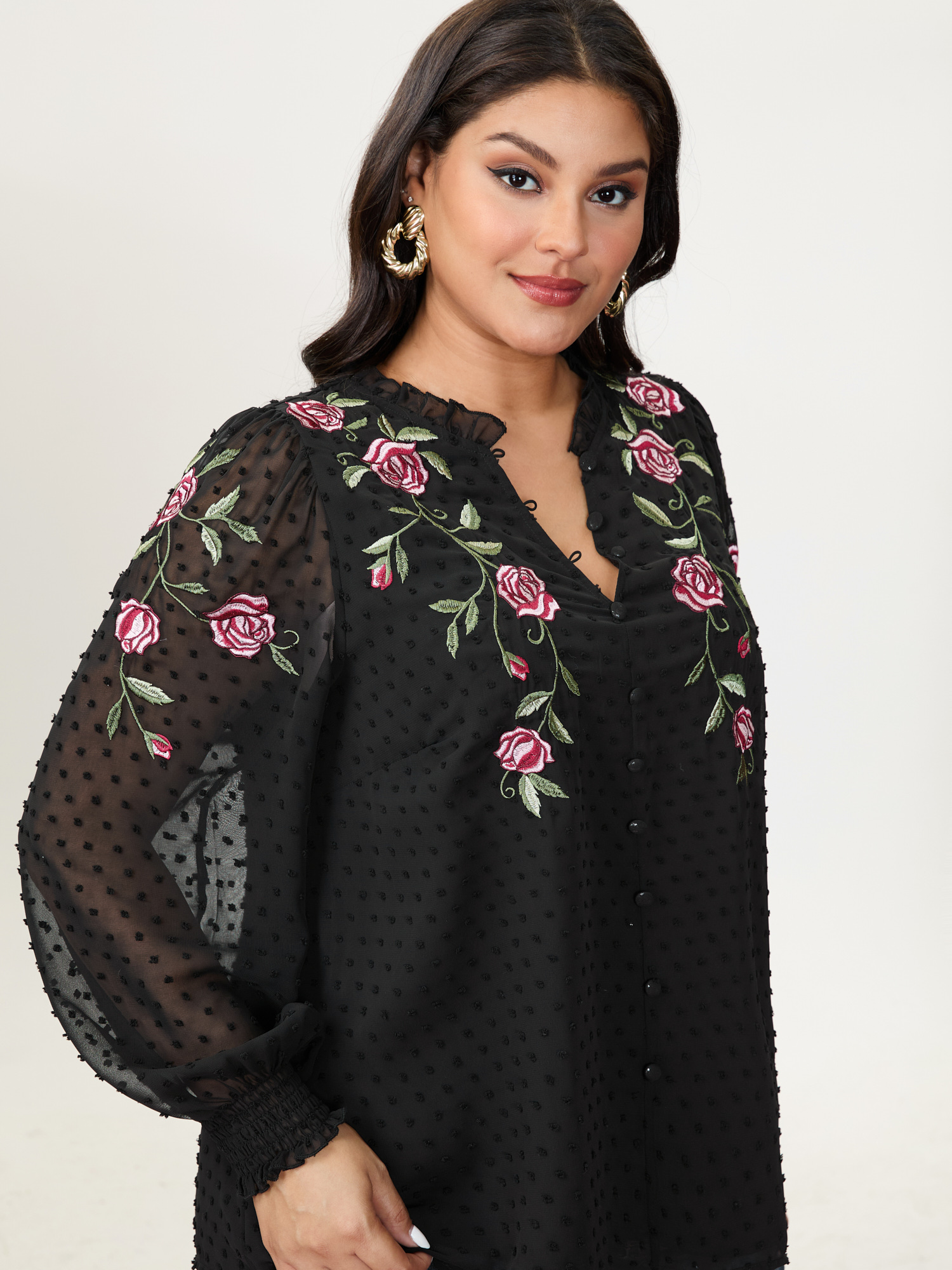 BloomChic Plus Size Rose Embroidered Textured Sheer Blouse - Women's Black Floral Extra Long Sleeve Elegant Blouses 14/M