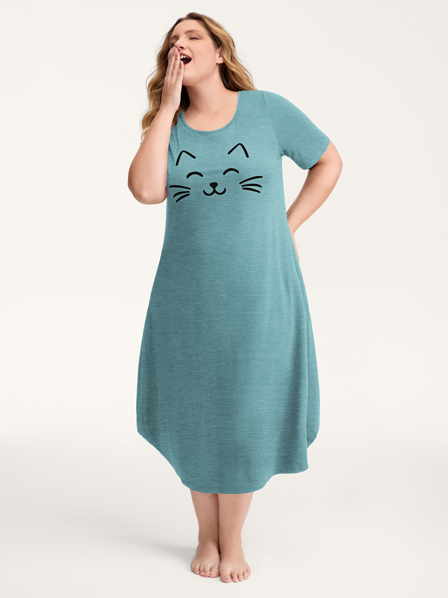 BloomChic Women's Plus Size Happy Cat Print Stretchy Contrast Nightgown Cerulean Short sleeve Round Neck 18-20/2X-image-47795554517162